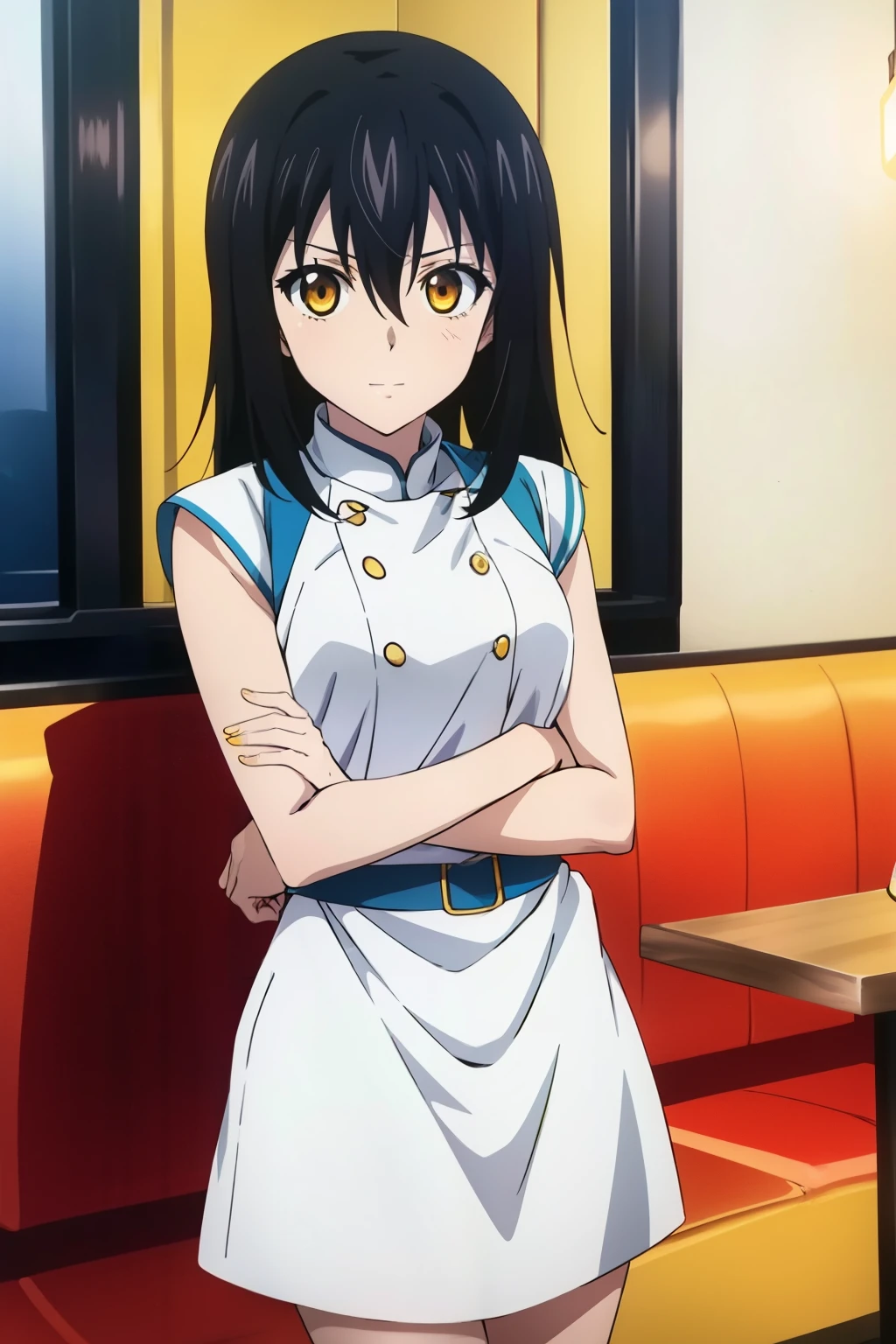 anime best girl, anime face, Restaurant, cute face, , medium hair, Front hair, black hair, hair between the eyes, ( yellow-eyed :1.5), wearing sexy clothes.