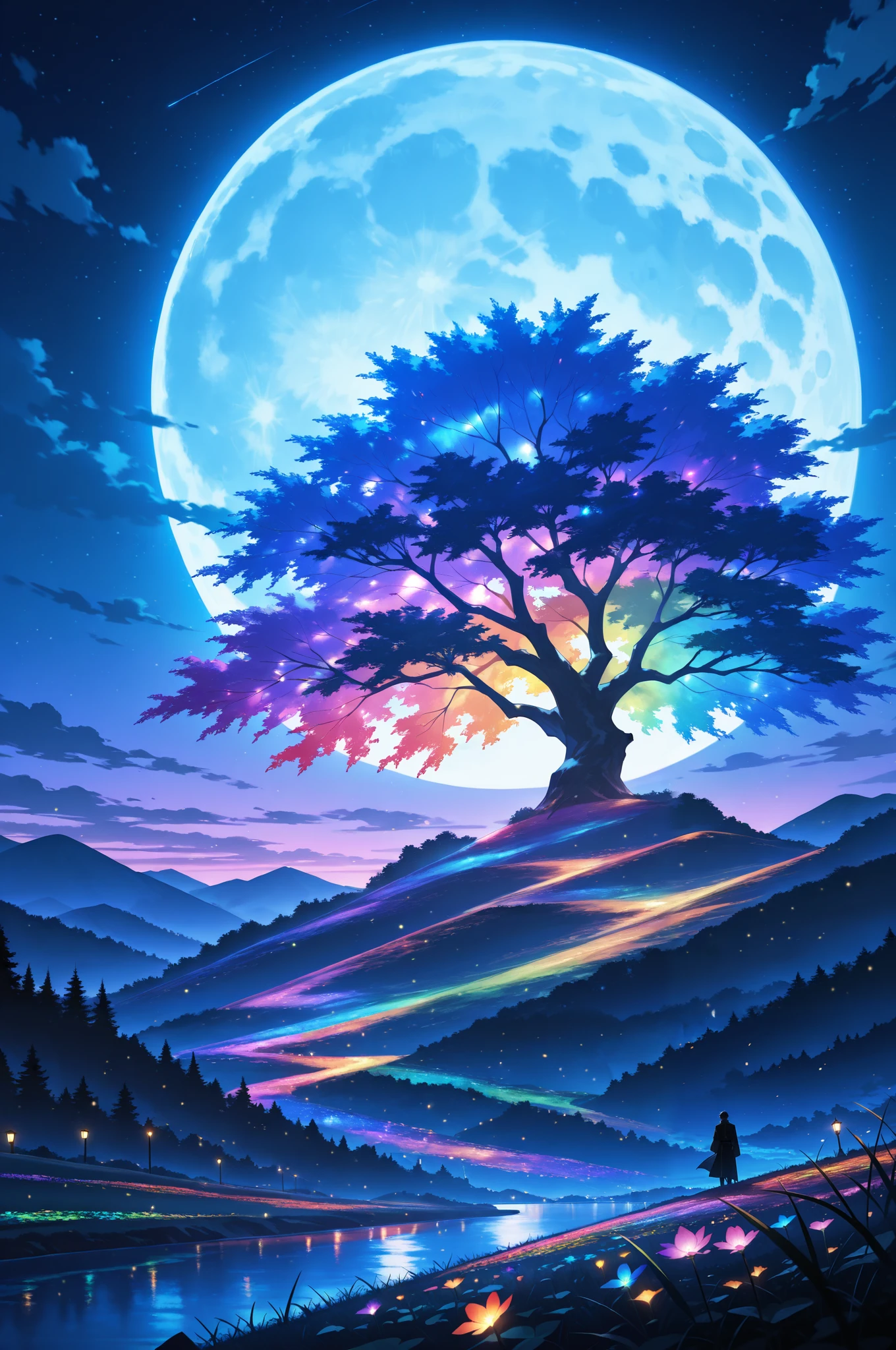 epic quality, atmosphere, nature scenery, wuxia aesthetic, raytracing, smooth, (colorful), (detailed complex busy background: 0.8), fantasy flowers, (night:1.4), intricate details, beautiful glitters, flat illustration, time stop, (ultra-detailed), photon mapping, ((intricate detail)), cinematic lighting, volumetric lighting, (big moon),masterpiece, best quality, amazing quality, very aesthetic, absurdres, newest, highly detailed,high-resolution,