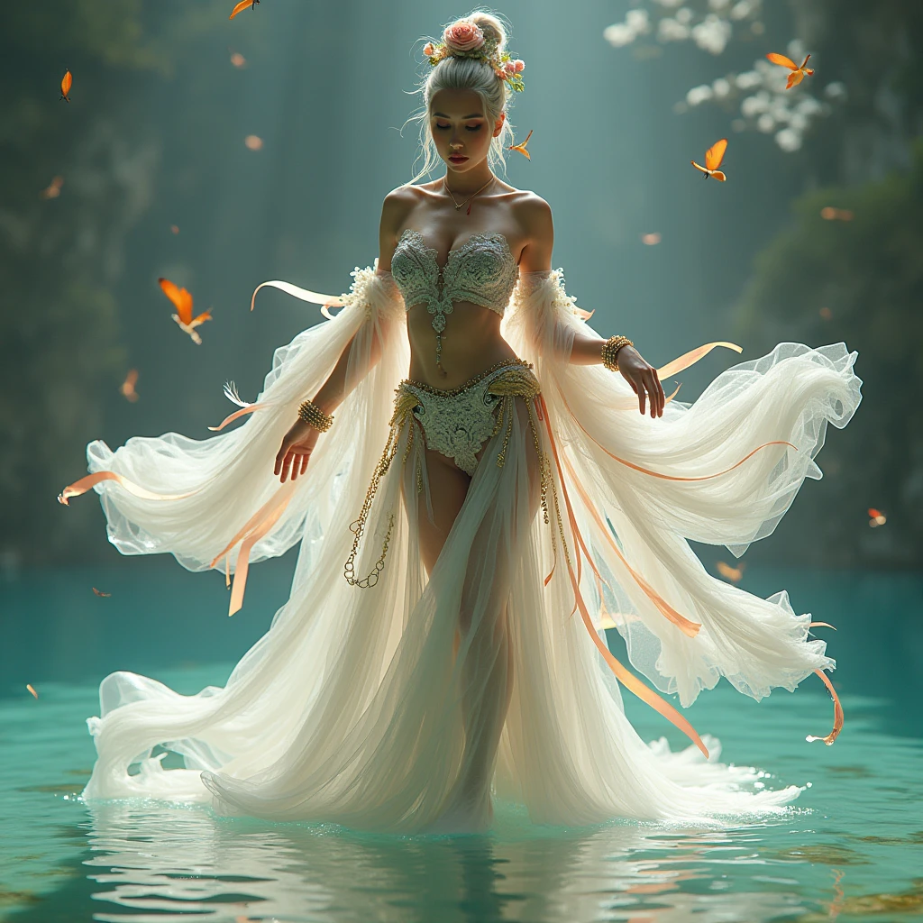 Lady Gaga beauty stands and dances on the water, gorgeous costumes embroidered with intricate embroidery, flowing tulle, transparent long colorful ribbons tied on the arms, inspired by Dunhuang Flying Apsaras murals, showing navel, bare shoulders, bare neck, hair in a high bun with flower hairpins, ribbons on arm rings, wreaths, bracelets, anklets, metal chain tassels on the waist, Mogao Grottoes art, ink painting, cgstation pop