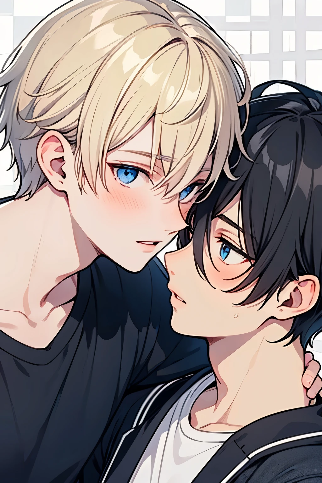 Blonde,  black hair, For Men,  Medium Hair ,blue eyes ,Beautiful Boy, skinny,lips,  lies,  Multiple Boys , 2 boys, , Yaoi, Checkered background,close up Face