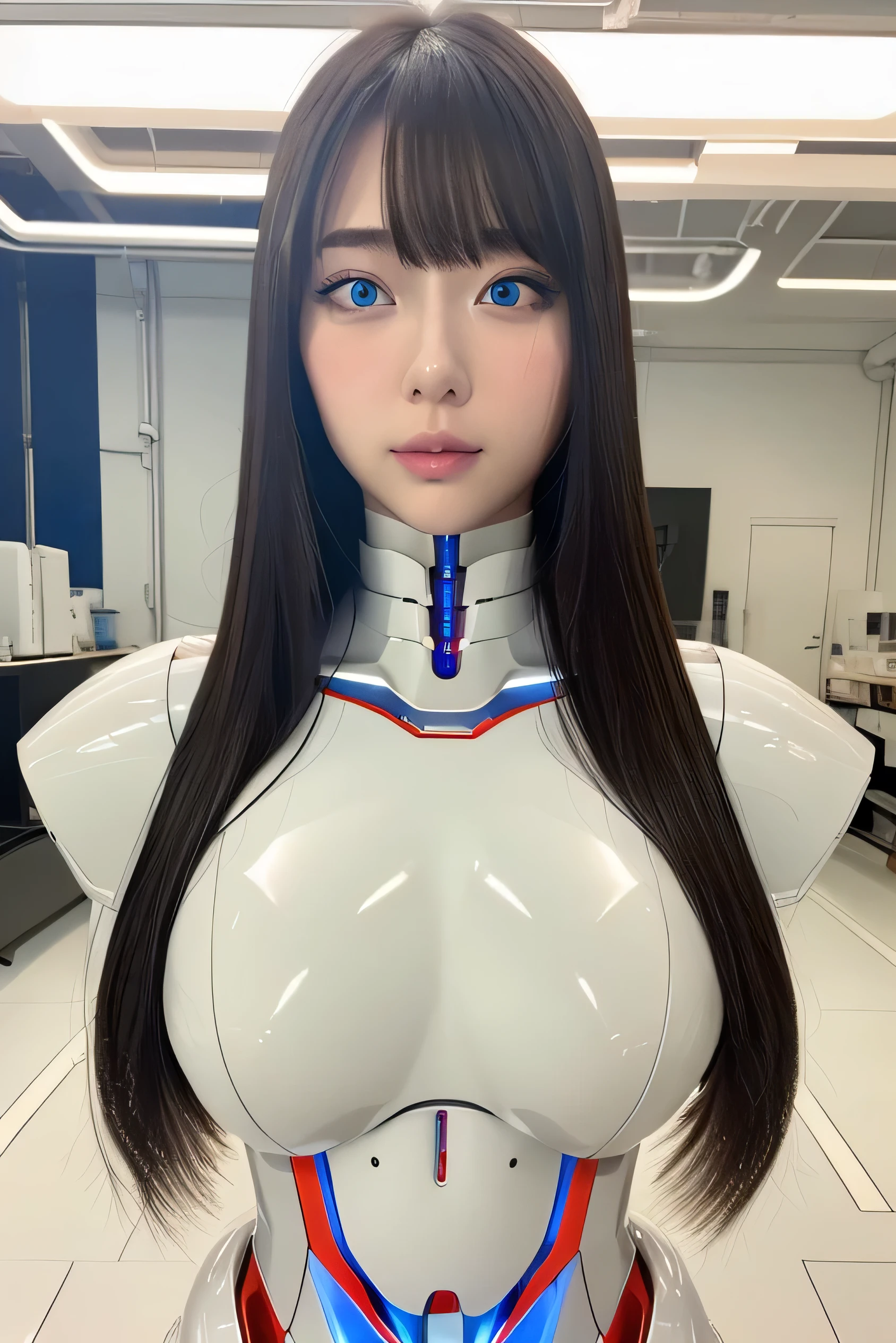 masterpiece, best quality, extreme detailed, portrait,Japanese Android girl,Plump ,Control panel,robot arms,robot,Android,cyborg,white robot body,Ceramic body,perfect robotgirllong hair,robot repair plant,blue eyes,