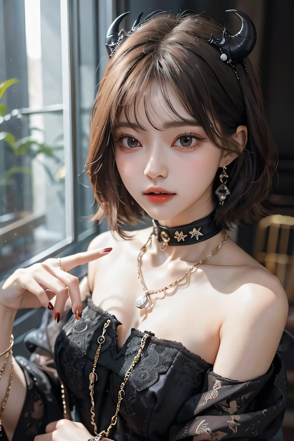 ((highest quality))、(masterpiece:1.3)、(best image quality)、(highest resolution)、sharp、devil princess、(perfect body beauty:1.3)、(black dress:1.3)、(night scene:1.6)、(chain:1.3)、Highly detailed face and skin texture、small face、(short hair)、(cute woman:1.3)、(be confused by strong sexual desire)、Big eyes、necklace、bangs、((one woman))、((Obscene dresses))、(handcuffs:1.3)、bracelet、(chain collar:1.3)、ring、(chain accessories:1.4)、restrained、(restrain with chains:1.4)、(fall to the dark side:1.4)、fuck-me、Downward eyebrows、tied up、(palace:1.4)、fantasy castle、(I'm about to cry:1.4)、(I want you to rape me:1.3)、(The Devil's Wife:1.4)、bracelet、cleavage、side boob、dark room、(Demonic world:1.3)、((hell))、(princess of hell:1.3)、((devil horn)),((red cheeks))、(picture frame)、tiara