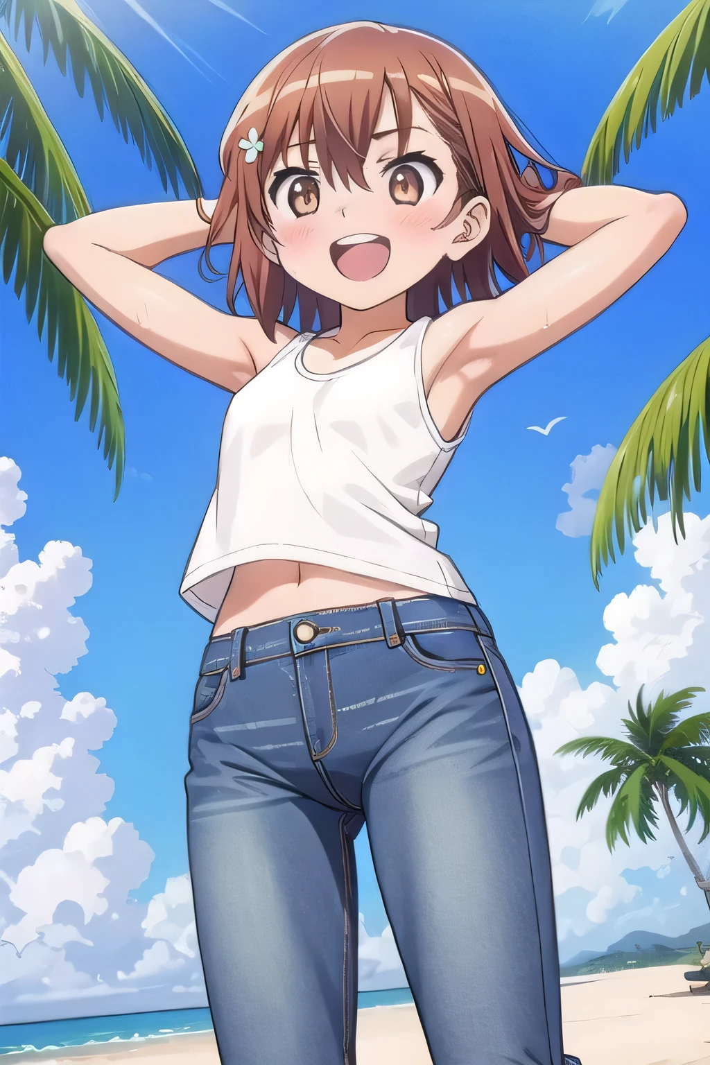 masterpiece,best quality,ultra detail, ((Perfect Face, Perfect Arms, Perfect hands, Perfect Fingers)), 1girl, , peti ((round face, ecstasy, orgasm face, drooping eyes, shame smiling, blush)), dropping eyes, sleepy, Open mouth, White teeth, background((under the beach, (day:1.2), palm tree, bright sky)), mikoto misaka, short hair, brown hair, hair ornament, hair flower, brown eyes, ((arms behind head, hands behind head, fingers behind head)), contrapposto, spread armpits, looking at viewer,, (white tank top:1.2), (white crop top:1.2), (jeans pants:1.2, flares jeans:1.2, skinny jeans:1.2, blue jeans:1.2), standing, (legs spread:1.2), sex pose, Sweaty crotch, Steam from the crotch, from below, ((full medium body))