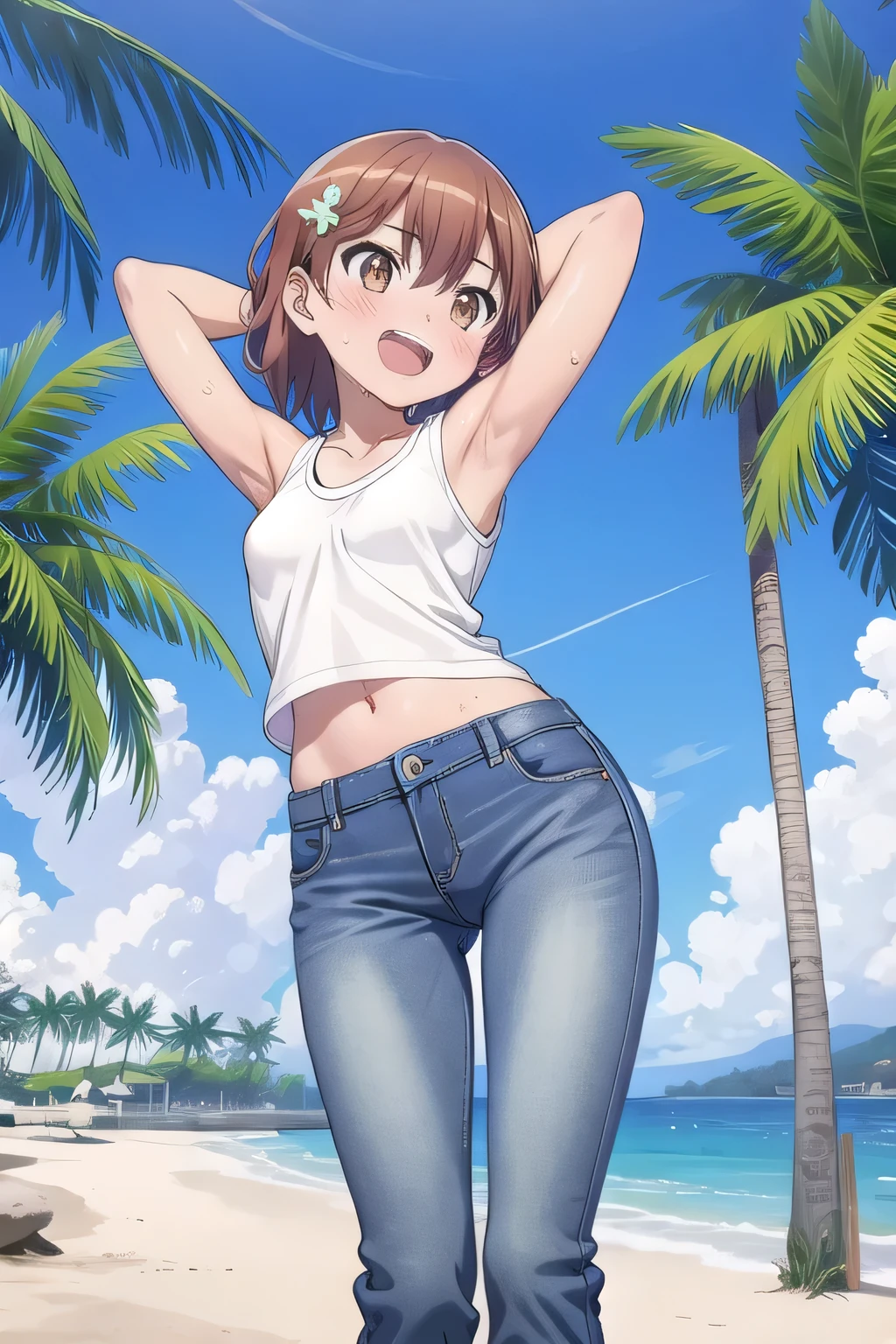 masterpiece,best quality,ultra detail, ((Perfect Face, Perfect Arms, Perfect hands, Perfect Fingers)), 1girl, , peti ((round face, ecstasy, orgasm face, drooping eyes, shame smiling, blush)), dropping eyes, sleepy, Open mouth, White teeth, background((under the beach, (day:1.2), palm tree, bright sky)), mikoto misaka, short hair, brown hair, hair ornament, hair flower, brown eyes, ((arms behind head, hands behind head, fingers behind head)), contrapposto, spread armpits, looking at viewer,, (white tank top:1.2), (white crop top:1.2), (jeans pants:1.2, flares jeans:1.2, skinny jeans:1.2, blue jeans:1.2), standing, (legs spread:1.2), sex pose, Sweaty crotch, Steam from the crotch, from below, ((full medium body))