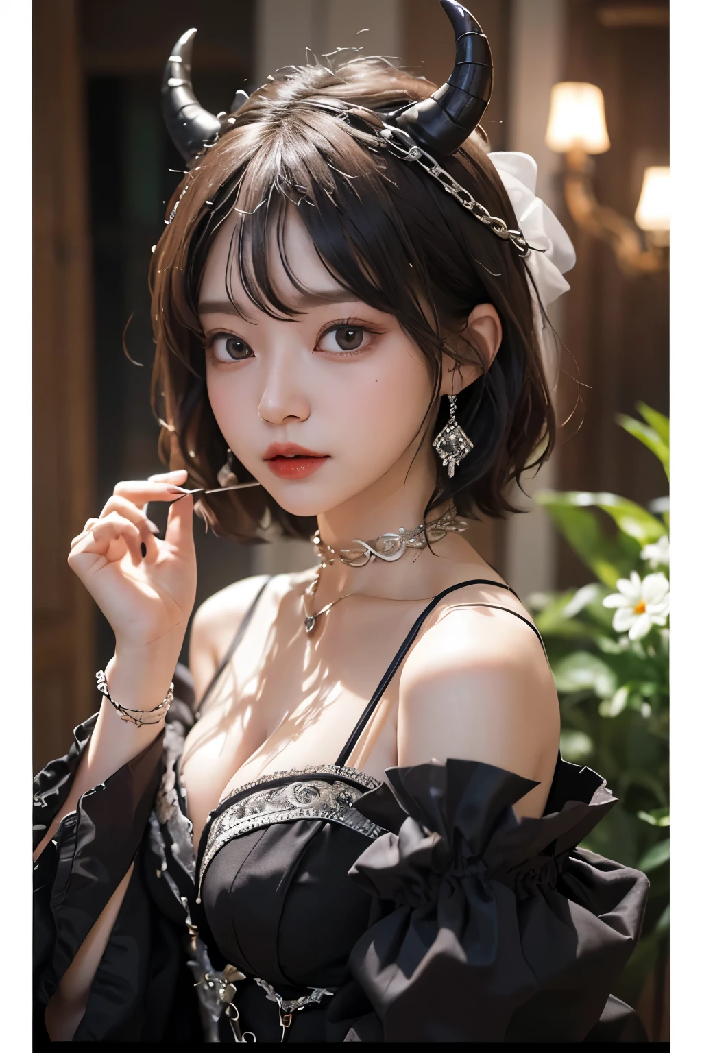 best qualtiy, ultra - detailed,beautifuldetails,(1beautiful woman),Hair ornament on the head,depth of fields,(alluring face),(((Black shorthair))),A sly smile, 电影灯光, Luxurious room, depth of fields,poster for