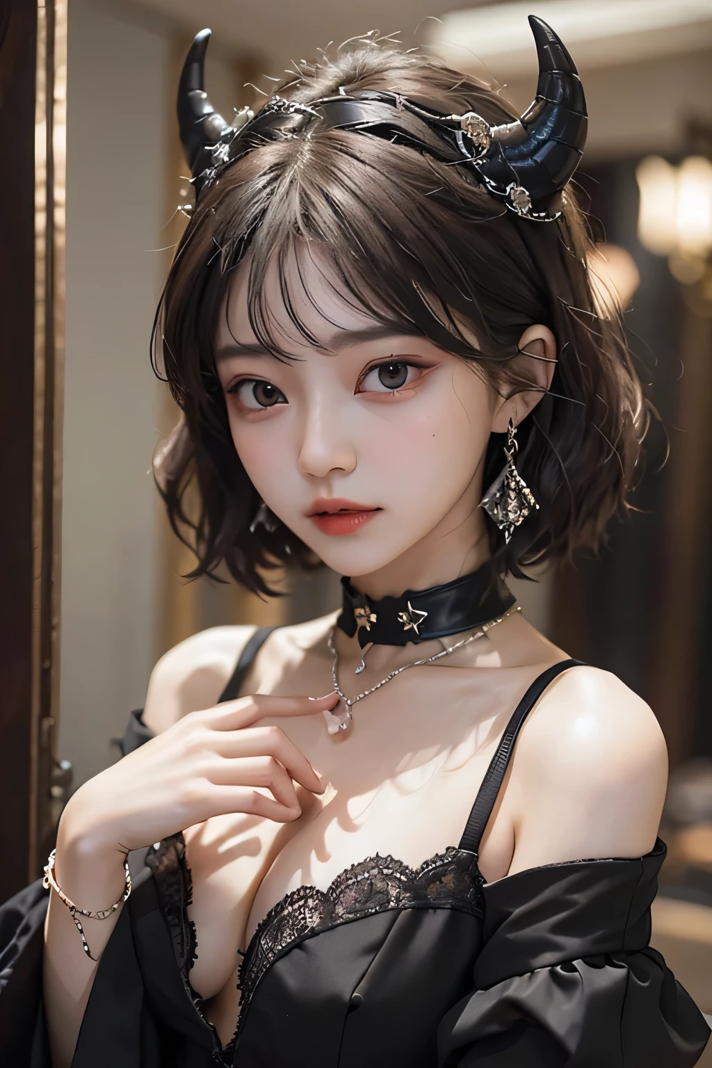 ( best quality :1.3)、( The Greatest Masterpiece:1.3)、 Highest Image Quality、RAW、( perfect body beauty :1.2)、(Night Scene:1.3)、( black dress :1.3)、( luxurious room:1.2)、( chain on hand:1.2)、 Highly Detailed Face and Skin Textures 、 detailed eyes、double eyelids、 short hair、 boyish、 unisex、 big eyes、 necklace、(( one woman))、 bracelet、 earrings、 choker、ring、chain accessories、chain、Thick chain collar、(restrain with chains)、((fall to the dark side))、((Evil Princess ))、(( cleavage in years))、 off shoulder、(palace)、(( fantasy castle))、((Devil's Bride))、((Demon Princess))、(Blushing:1.4)、( sexual arousal:1.3)、( looking at camera )、(chain choker)、(Little devil horns)、((devilize))、(assimilation by the devil)、sexy、((Sex Appeal))、Eros、Sensual、Alluring、Look in the mirror