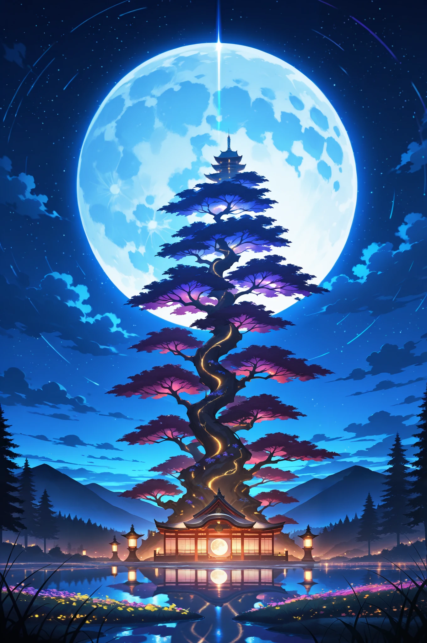 epic quality, atmosphere, nature scenery, wuxia aesthetic, raytracing, smooth, (colorful), (detailed complex busy background: 0.8), fantasy flowers, (night:1.4), intricate details, beautiful glitters, flat illustration, time stop, (ultra-detailed), photon mapping, ((intricate detail)), cinematic lighting, volumetric lighting, (big moon),masterpiece, best quality, amazing quality, very aesthetic, absurdres, newest, highly detailed,high-resolution,