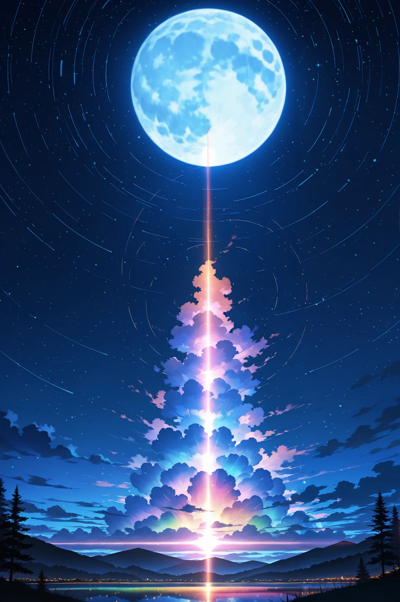 epic quality, atmosphere, nature scenery, wuxia aesthetic, raytracing, smooth, (colorful), (detailed complex busy background: 0.8), fantasy flowers, (night:1.4), intricate details, beautiful glitters, flat illustration, time stop, (ultra-detailed), photon mapping, ((intricate detail)), cinematic lighting, volumetric lighting, (big moon),masterpiece, best quality, amazing quality, very aesthetic, absurdres, newest, highly detailed,high-resolution,