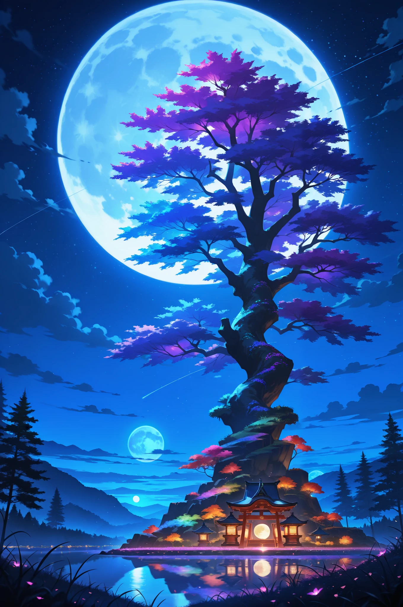 epic quality, atmosphere, nature scenery, wuxia aesthetic, raytracing, smooth, (colorful), (detailed complex busy background: 0.8), fantasy flowers, (night:1.4), intricate details, beautiful glitters, flat illustration, time stop, (ultra-detailed), photon mapping, ((intricate detail)), cinematic lighting, volumetric lighting, (big moon),masterpiece, best quality, amazing quality, very aesthetic, absurdres, newest, highly detailed,high-resolution,