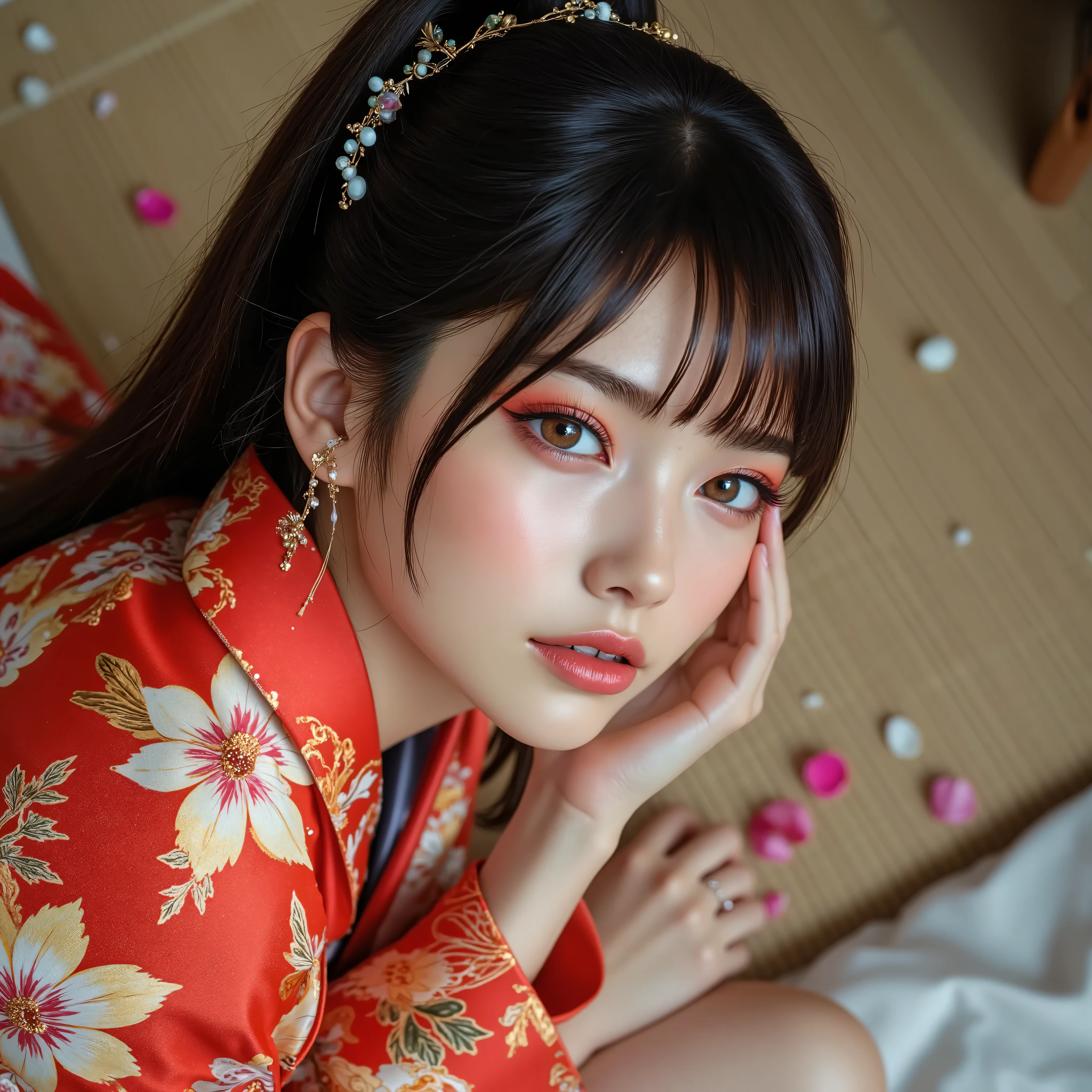 (Canon), (EOS R5), (50mm), (( Photo realistic :1.5)), (No lens flare :1.5), (超 high resolution), (masterpiece), accurate, ( realistic な質感の肌), more details, high detail, High Quality , Award-winning work , 最 High Quality , 32K, is written in depth, digital camera, Award-winning glamour photo , professional writing , ((最 High Quality :1.5)), ((masterpiece:1.5)), (( realistic )), high resolution, (とても美しくて可愛い1 personの日本人女性), ((Aerial view from above :1.5)), (( upper body shot lying on your back from head to knee :1.5)), (Full body shot lying on your back :1.4), ((A half-naked Japanese woman wearing a Japanese kimono)), ((Lying on your back on a beautiful tatami mat in a Japanese-style room :1.5)), (( lying on your back :1.5)), ((( wearing only Japanese kimonos , no underwear, no shoulder straps , semi-nude:1.5))), ((( The front of the kimono is wide open to see the cleavage between the shoulders and bust :1.8))), (1 person), ((Beautiful and cute, 18 year old Japanese)), (( very cute high school girl with a good shape )), ( beautiful black hair ponytail), Very beautiful and sexy, Fascinating Beauty , seductive pose , Height: 160cm, slim figure, Beautifully shaped bust , D Cup, (A very cute, cheerful smile:1.5), (alone:1.5), ( brown eyes:1.9), ( Detailed depiction of extremely realistic skin ), (Highly detailed, realistic eyes:1.9), (Very beautiful, Long, realistic eyelashes), (Highly detailed, realistic eyebrows), (丸い brown eyes :1.8), ( beautiful catchlight on the eyes), (Realistic lips with moisture ), ( white realistic teeth arranged neatly), ( Beautiful and Detailed Face :1.6), (Hourglass body shape:1.6), (Wasp waist :1.5), ( Perfectly round and beautifully shaped bust :1.8), ( clearly contoured cheekbones :1.5), ( perfect style body :1.8), (Healthy body :1.8), (Narrow shoulders:1.9), ( staring at viewers ), ( seductive gaze ), (Beautiful, natural-looking hands), (Beautiful pink nails of perfect length), ( show your hands as little as possible ), ( very cute smile:1.1), (Waist, I can see my stomach:1.4), Intricate and detailed, colorful depiction , ((A beautiful and pretty red Japanese kimono with an orchid-like floral pattern:1.5)), (( The kimono is large and the shoulders and chest are quite exposed :1.3)), ((( off shoulder:1.8))), ((A beautiful red Japanese kimono with a beautiful flower pattern )), ((Kimono with a flower pattern on red fabric)), ((I can't show my feet)), woman 1 person, Flower Hairpin, (Ikebana can be seen behind it ), extremely sexy sensual body , , like々 Sensual elegance, Sexy Body, Sexy appearance, Lying on the tatami mat in a Japanese-style room, The groin and thighs are exposed , shot taken from directly above, ( Beautiful pink, yellow, and white petals are scattered on the tatami mat), Japanese style hairpin, Japanese Style Hair Ornament, A gentle-looking face, thin waist , ( Beautiful cleavage of the bust can be seen quite a bit ), ((I can't show my feet)), blur the background , Illuminate the face, dynamic pose, beautiful body line , Beautiful, realistic skin , Art Photography, beautiful soft lighting ,