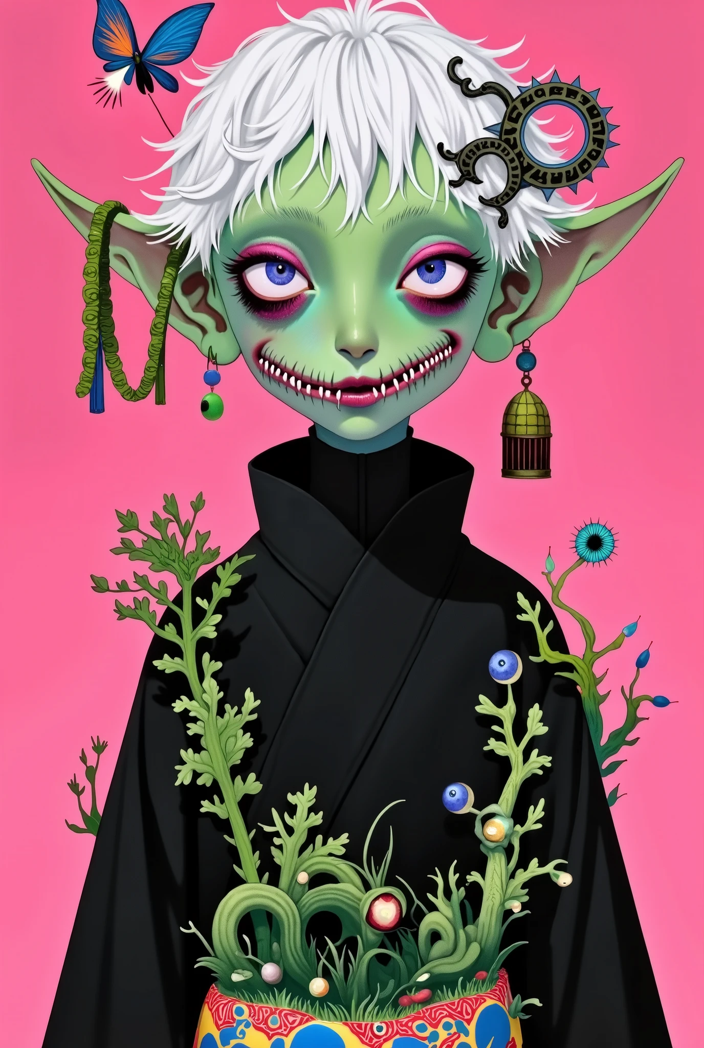 Japanese Anime,Second Dimension, horror style,Horror Character,(((Three-eyed boy,solo,The third eye on the forehead,Dark eyeshadow, short white hair,Elf ears, Green Skin ,exaggerated golden crown eyeball decoration))),((( Japanese costume ))).(((Thin waist,Green belt:1.6))).Pure pink background