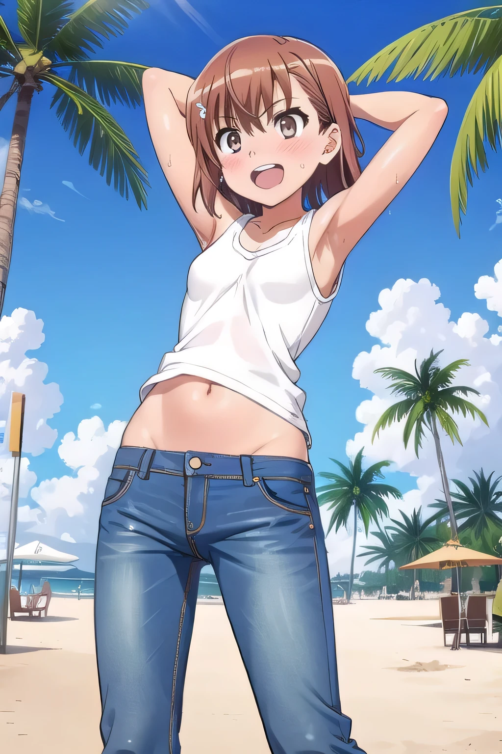 masterpiece,best quality,ultra detail, ((Perfect Face, Perfect Arms, Perfect hands, Perfect Fingers)), 1girl, , peti ((round face, ecstasy, orgasm face, drooping eyes, shame smiling, blush)), dropping eyes, sleepy, Open mouth, White teeth, background((under the beach, (day:1.2), palm tree, bright sky)), mikoto misaka, short hair, brown hair, hair ornament, hair flower, brown eyes, ((arms behind head, hands behind head, fingers behind head)), contrapposto, spread armpits, looking at viewer,, (white tank top:1.2), (white crop top:1.2), (jeans pants:1.2, flares jeans:1.2, skinny jeans:1.2, blue jeans:1.2), standing, (legs spread:1.2), sex pose, Sweaty crotch, Steam from the crotch, from below, ((full medium body))