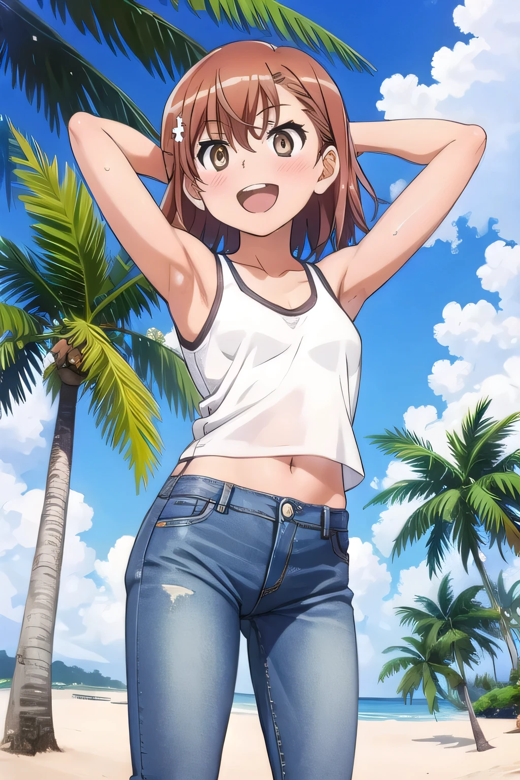 masterpiece,best quality,ultra detail, ((Perfect Face, Perfect Arms, Perfect hands, Perfect Fingers)), 1girl, , peti ((round face, ecstasy, orgasm face, drooping eyes, shame smiling, blush)), dropping eyes, sleepy, Open mouth, White teeth, background((under the beach, (day:1.2), palm tree, bright sky)), mikoto misaka, short hair, brown hair, hair ornament, hair flower, brown eyes, ((arms behind head, hands behind head, fingers behind head)), contrapposto, spread armpits, looking at viewer,, (white tank top:1.2), (white crop top:1.2), (jeans pants:1.2, flares jeans:1.2, skinny jeans:1.2, blue jeans:1.2), standing, (legs spread:1.2), sex pose, Sweaty crotch, Steam from the crotch, from below, ((full medium body))