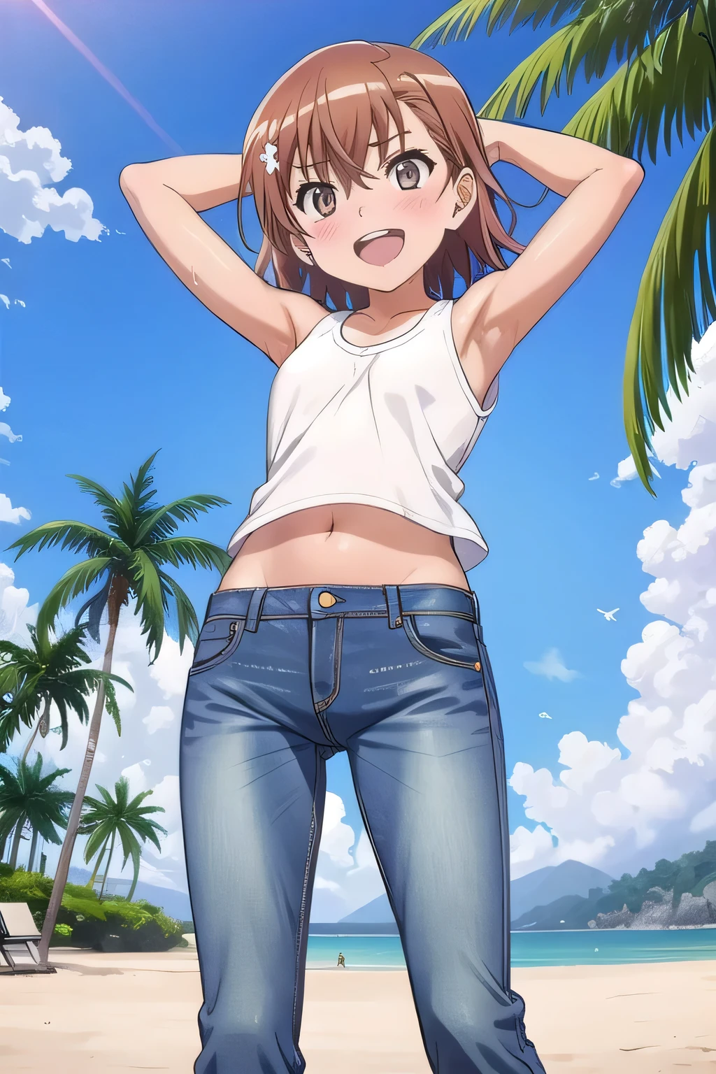 masterpiece,best quality,ultra detail, ((Perfect Face, Perfect Arms, Perfect hands, Perfect Fingers)), 1girl, 14yo, petite, ((round face, ecstasy, orgasm face, drooping eyes, shame smiling, blush)), dropping eyes, sleepy, Open mouth, White teeth, background((under the beach, (day:1.2), palm tree, bright sky)), mikoto misaka, short hair, brown hair, hair ornament, hair flower, brown eyes, ((arms behind head, hands behind head, fingers behind head)), contrapposto, spread armpits, looking at viewer,, (white tank top:1.2), (white crop top:1.2), (jeans pants:1.2, flares jeans:1.2, skinny jeans:1.2, blue jeans:1.2), standing, (legs spread:1.2), sex pose, Sweaty crotch, Steam from the crotch, from below, ((full medium body))