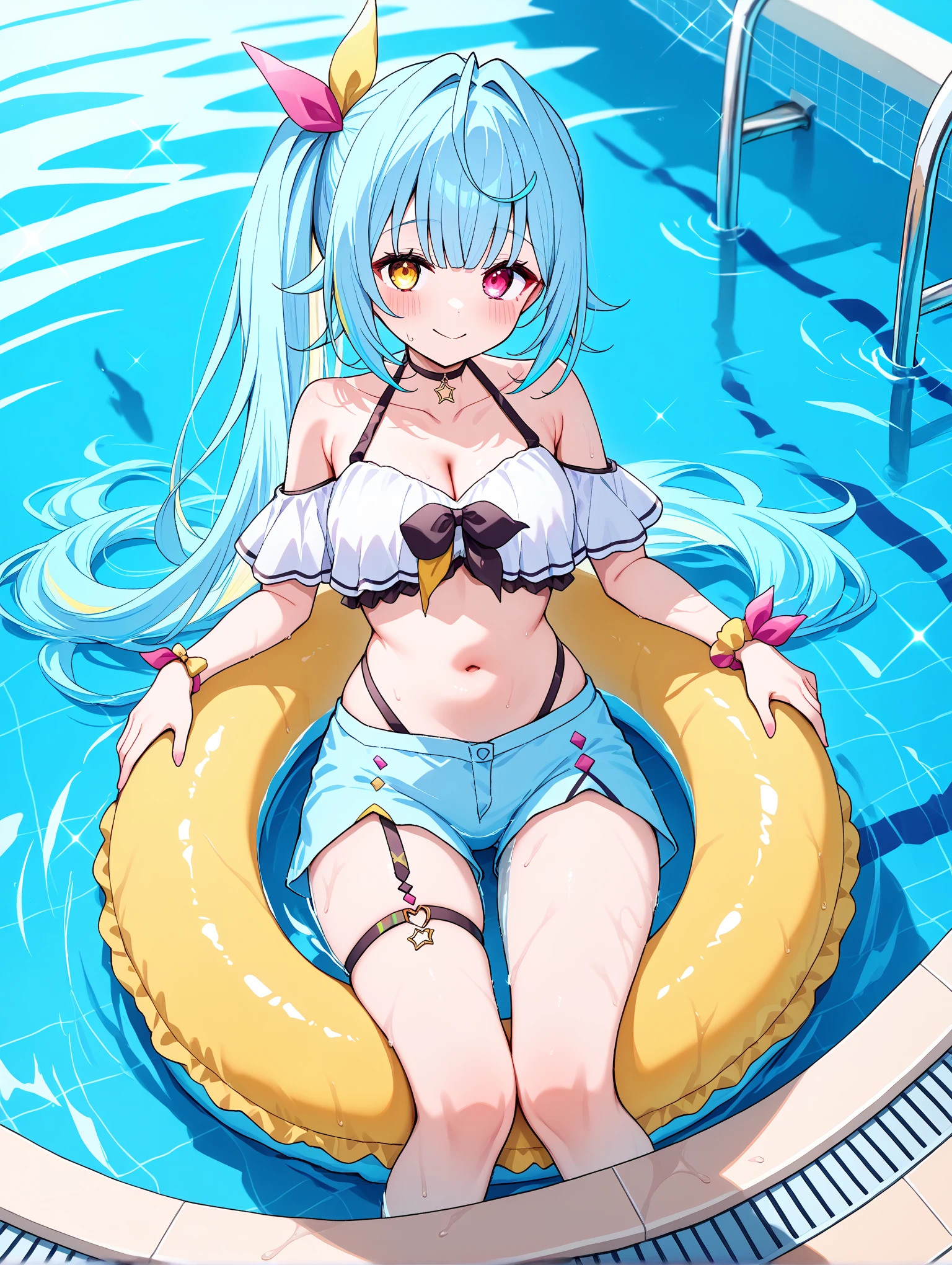 aqua \(konosuba\), estilo mksks, (fundo muito detalhado:1.0), (fundo altamente detalhado:1.0), obra-prima, melhor qualidade, (1girl), solo, flutuando, swimming, (oceano: 2), olhos azuis, blue footwear, cabelo azul, coxas azuis, blush, botas, seios, bolha, mangas destacadas, ornamento de cabelo, hair rings, perna para cima, cabelo longo, olhando para o espectador, middlebreasts, hand open, single hair ring, saia, sorriso, solo,  botas de coxa, coxas, cabelos muito longos, (deep underwater:1.2), chromatic aberration, profundidade de campo, soft-lighting, (peixe pequeno:1.2), coxas brancas, kono subarashii sekai ni shukufuku wo!, Shark.
