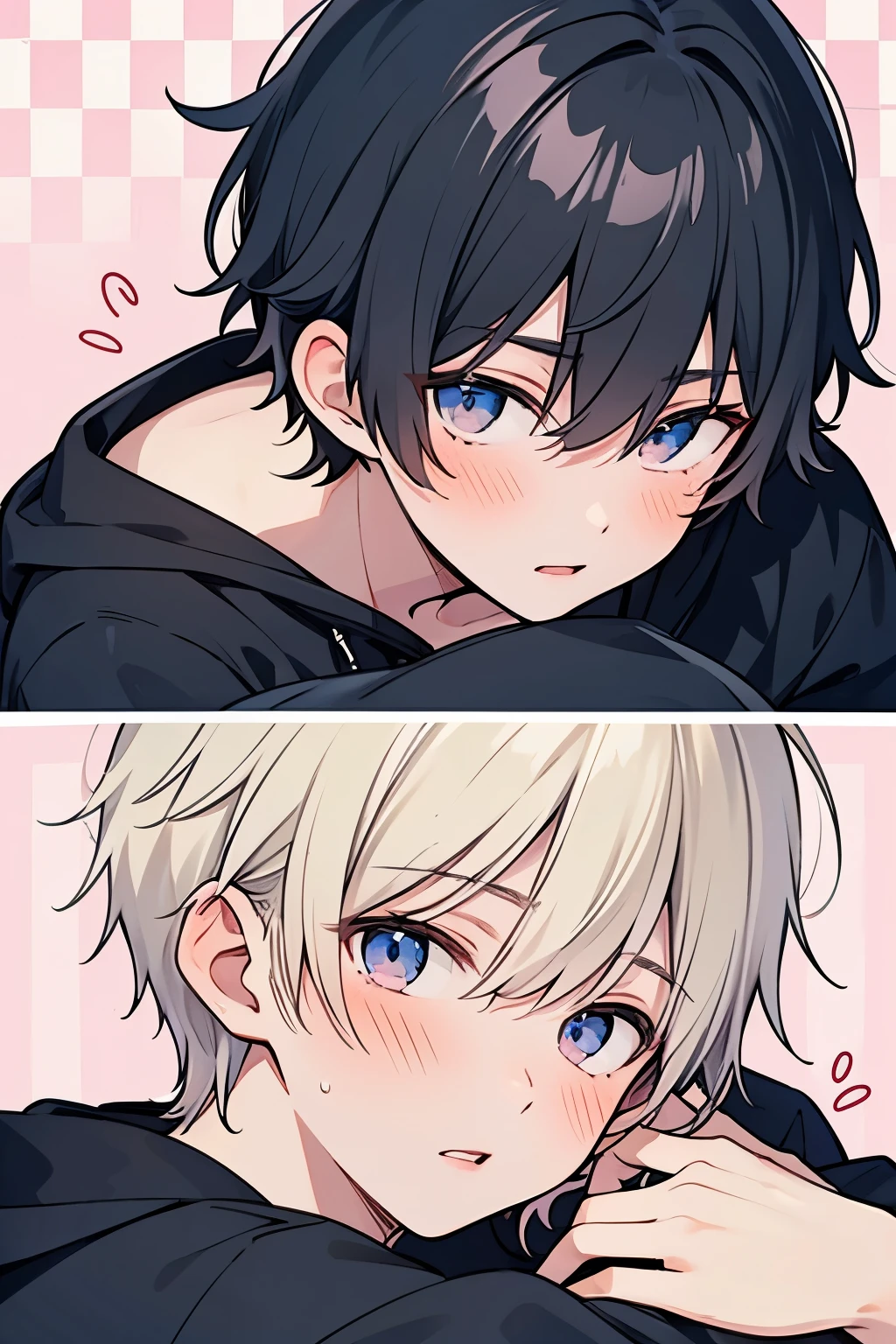 Blonde, black hair, For Men, Medium Hair ,blue eyes , pink eyes,Beautiful Boy, skinny,lips, lies, Multiple Boys , 2 boys, , Yaoi, Checkered background,close up Face,((IN the bed:0.8))