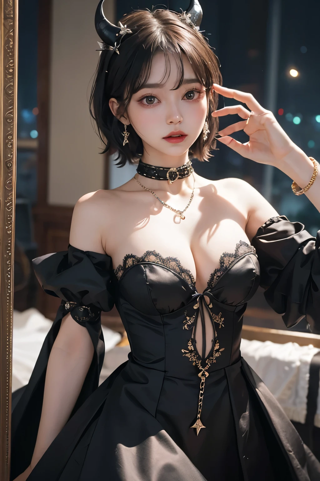 ( best quality :1.3)、( The Greatest Masterpiece:1.3)、 Highest Image Quality、RAW、( perfect body beauty :1.2)、(Night Scene:1.3)、( black dress :1.3)、( luxurious room:1.2)、( chain on hand:1.2)、 Highly Detailed Face and Skin Textures 、 detailed eyes、double eyelids、 short hair、 boyish、 unisex、 big eyes、 necklace、(( one woman))、 bracelet、 earrings、 choker、ring、chain accessories、chain、Thick chain collar、(restrain with chains)、((fall to the dark side))、((Evil Princess ))、(( cleavage in years))、 off shoulder、(palace)、(( fantasy castle))、((Devil's Bride))、((Demon Princess))、(Blushing:1.4)、( sexual arousal:1.3)、( looking at camera )、(chain choker)、(Little devil horns)、((devilize))、(assimilation by the devil)、sexy、((Sex Appeal))、Eros、Sensual、Alluring、Look in the mirror