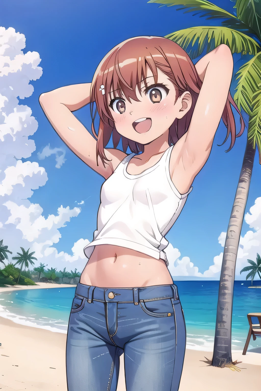 masterpiece,best quality,ultra detail, ((Perfect Face, Perfect Arms, Perfect hands, Perfect Fingers)), 1girl, , peti ((round face, ecstasy, orgasm face, drooping eyes, shame smiling, blush)), dropping eyes, sleepy, Open mouth, White teeth, background((under the beach, (day:1.2), palm tree, bright sky)), mikoto misaka, short hair, brown hair, hair ornament, hair flower, brown eyes, ((arms behind head, hands behind head, fingers behind head)), contrapposto, spread armpits, looking at viewer,, (white tank top:1.2), (white crop top:1.2), (jeans pants:1.2, flares jeans:1.2, skinny jeans:1.2, blue jeans:1.2), standing, (legs spread:1.2), sex pose, Sweaty crotch, Steam from the crotch, from below, ((full medium body))