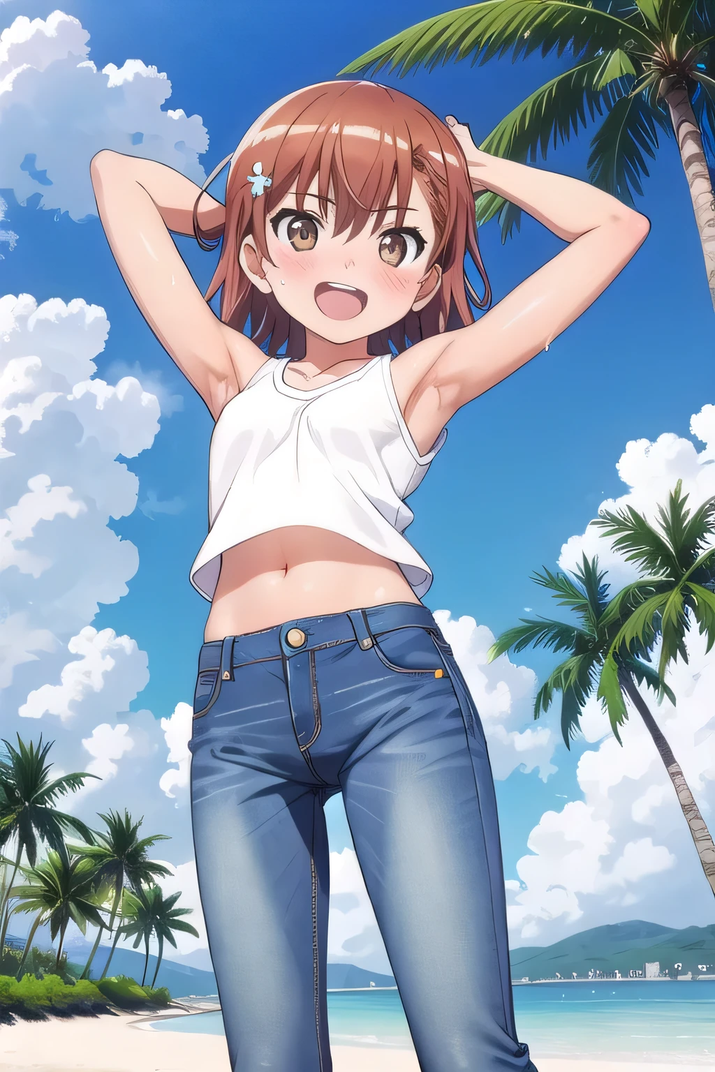 masterpiece,best quality,ultra detail, ((Perfect Face, Perfect Arms, Perfect hands, Perfect Fingers)), 1girl, , peti ((round face, ecstasy, orgasm face, drooping eyes, shame smiling, blush)), dropping eyes, sleepy, Open mouth, White teeth, background((under the beach, (day:1.2), palm tree, bright sky)), mikoto misaka, short hair, brown hair, hair ornament, hair flower, brown eyes, ((arms behind head, hands behind head, fingers behind head)), contrapposto, spread armpits, looking at viewer,, (white tank top:1.2), (white crop top:1.2), (jeans pants:1.2, flares jeans:1.2, skinny jeans:1.2, blue jeans:1.2), standing, (legs spread:1.2), sex pose, Sweaty crotch, Steam from the crotch, from below, ((full medium body))