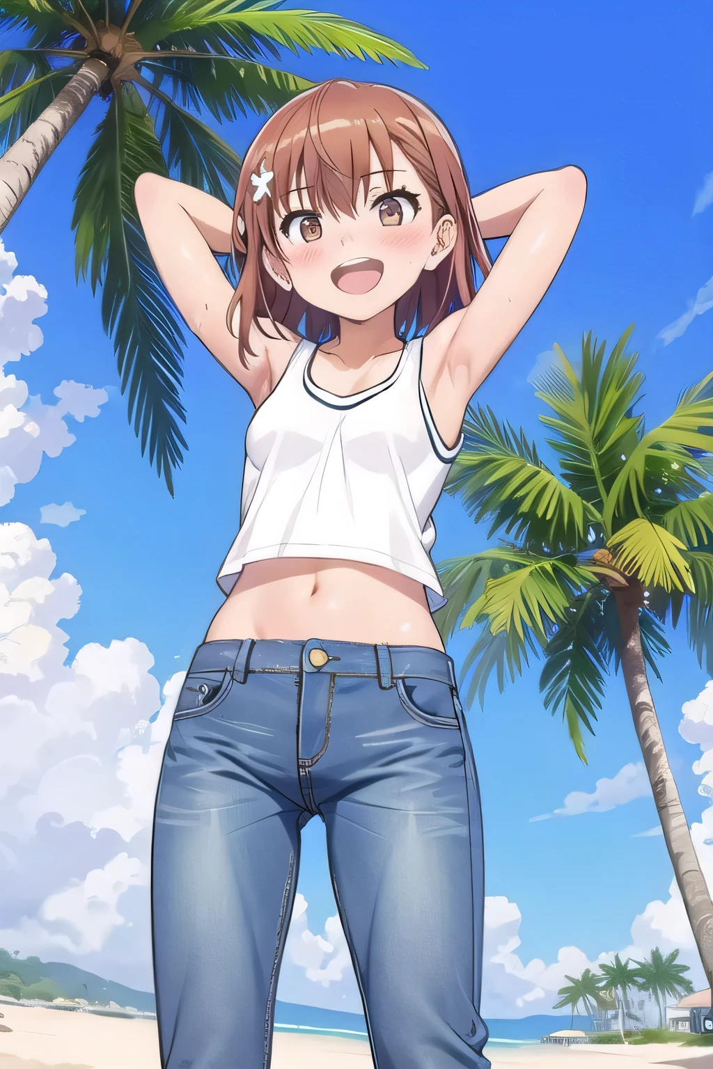 masterpiece,best quality,ultra detail, ((Perfect Face, Perfect Arms, Perfect hands, Perfect Fingers)), 1girl, , peti ((round face, ecstasy, orgasm face, drooping eyes, shame smiling, blush)), dropping eyes, sleepy, Open mouth, White teeth, background((under the beach, (day:1.2), palm tree, bright sky)), mikoto misaka, short hair, brown hair, hair ornament, hair flower, brown eyes, ((arms behind head, hands behind head, fingers behind head)), contrapposto, spread armpits, looking at viewer,, (white tank top:1.2), (white crop top:1.2), (jeans pants:1.2, flares jeans:1.2, skinny jeans:1.2, blue jeans:1.2), standing, (legs spread:1.2), sex pose, Sweaty crotch, Steam from the crotch, from below, ((full medium body))