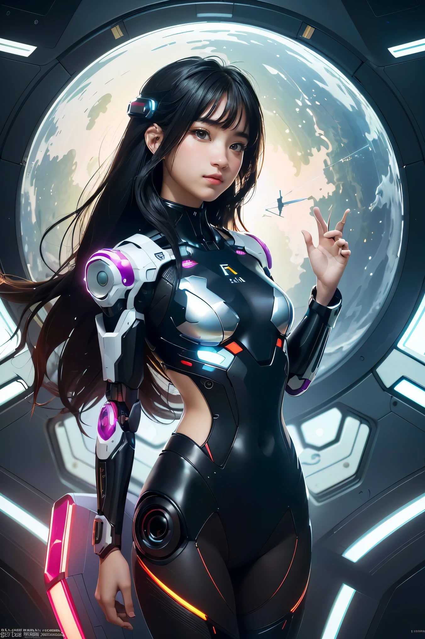 8K, top quality, masterpiece, high definition, ultra high definition, 1 girl, 18 years old, (wearing a white vacuum perspective uniform: 1.5), white mini skirt, solo, (full body), (black hair wave), (spread legs), blue ugly, beautiful and delicate eyes, delicate skin, slim body, big breasts, thin thighs, feet in leather boots, futuristic space, (front), looking up into the lens, lower abdomen, background blur, Focus on depth of field
