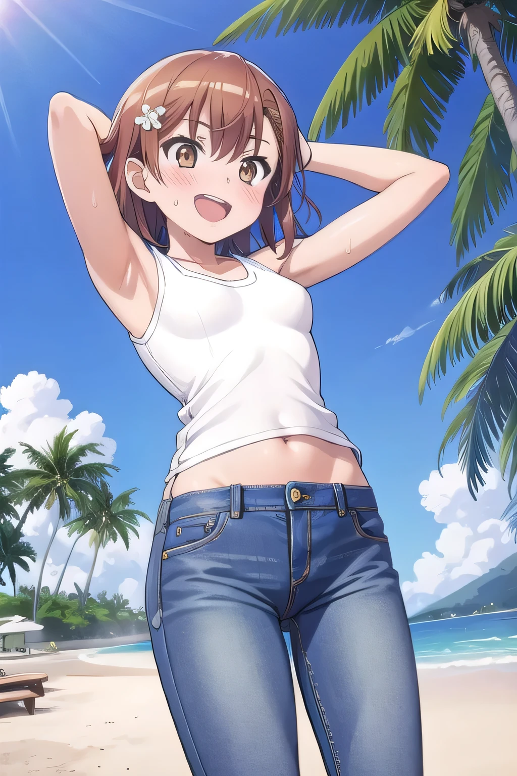 masterpiece,best quality,ultra detail, ((Perfect Face, Perfect Arms, Perfect hands, Perfect Fingers)), 1girl, , peti ((round face, ecstasy, orgasm face, drooping eyes, shame smiling, blush)), dropping eyes, sleepy, Open mouth, White teeth, background((under the beach, (day:1.2), palm tree, bright sky)), mikoto misaka, short hair, brown hair, hair ornament, hair flower, brown eyes, ((arms behind head, hands behind head, fingers behind head)), contrapposto, spread armpits, looking at viewer,, (white tank top:1.2), (white crop top:1.2), (jeans pants:1.2, flares jeans:1.2, skinny jeans:1.2, blue jeans:1.2), standing, (legs spread:1.2), sex pose, Sweaty crotch, Steam from the crotch, from below, ((full medium body))
