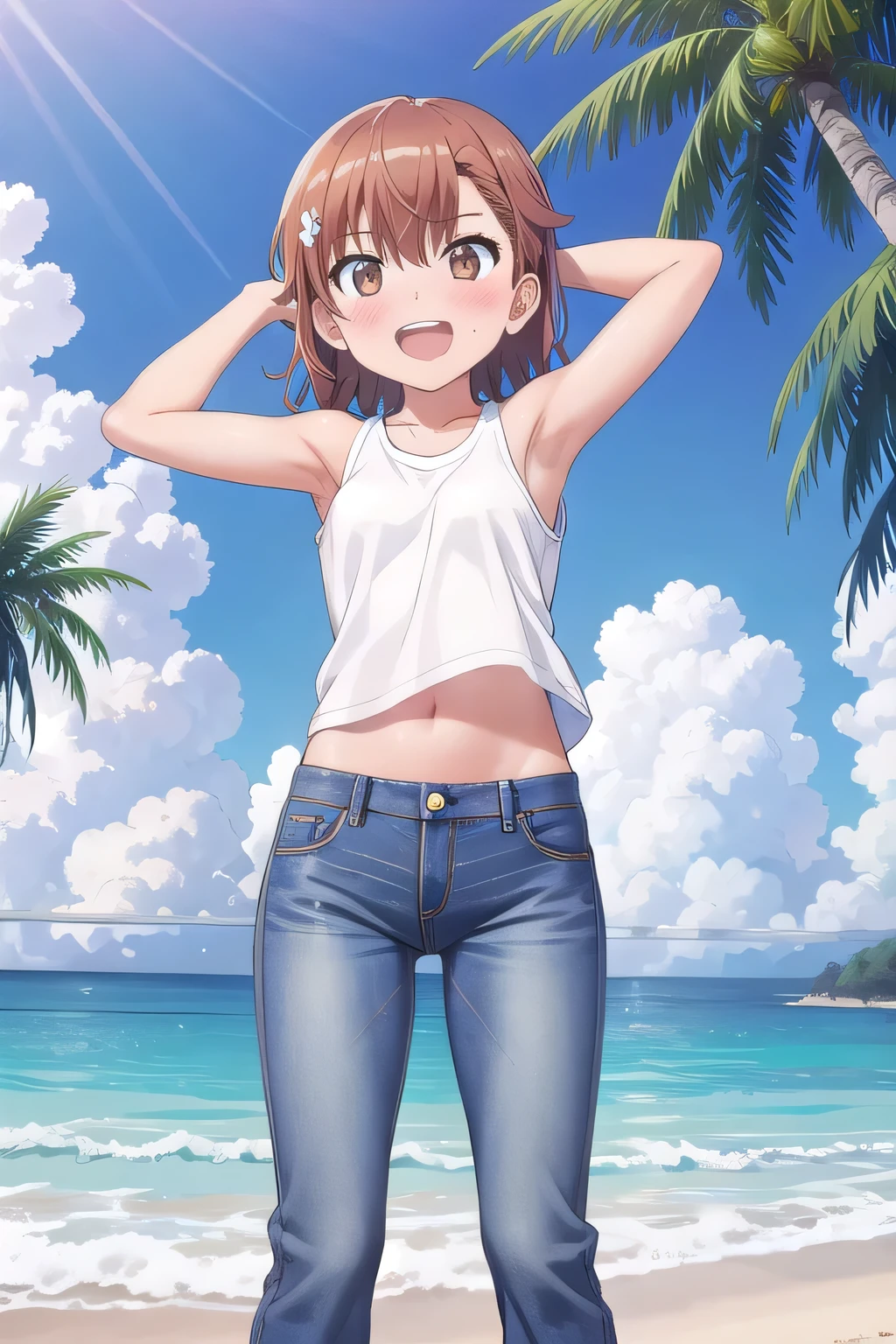 masterpiece,best quality,ultra detail, ((Perfect Face, Perfect Arms, Perfect hands, Perfect Fingers)), 1girl, , peti ((round face, ecstasy, orgasm face, drooping eyes, shame smiling, blush)), dropping eyes, sleepy, Open mouth, White teeth, background((under the beach, (day:1.2), palm tree, bright sky)), mikoto misaka, short hair, brown hair, hair ornament, hair flower, brown eyes, ((arms behind head, hands behind head, fingers behind head)), contrapposto, spread armpits, looking at viewer,, (white tank top:1.2), (white crop top:1.2), (jeans pants:1.2, flares jeans:1.2, skinny jeans:1.2, blue jeans:1.2), standing, (legs spread:1.2), sex pose, Sweaty crotch, Steam from the crotch, from below, ((full medium body))