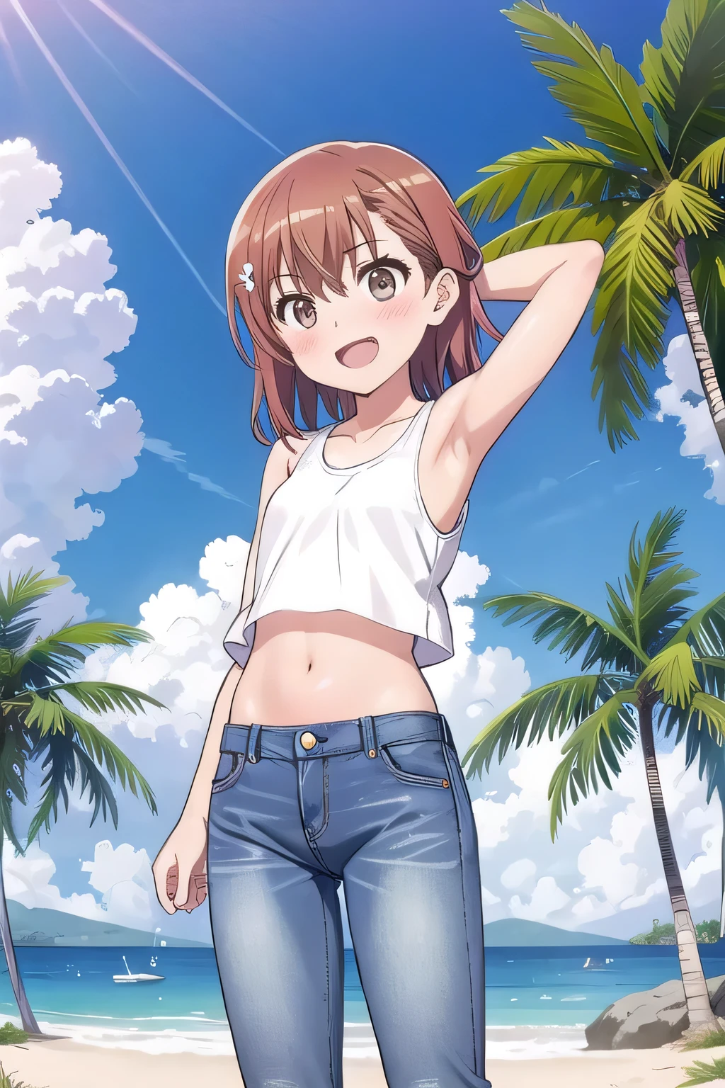 masterpiece,best quality,ultra detail, ((Perfect Face, Perfect Arms, Perfect hands, Perfect Fingers)), 1girl, , peti ((round face, ecstasy, orgasm face, drooping eyes, shame smiling, blush)), dropping eyes, sleepy, Open mouth, White teeth, background((under the beach, (day:1.2), palm tree, bright sky)), mikoto misaka, short hair, brown hair, hair ornament, hair flower, brown eyes, ((arms behind head, hands behind head, fingers behind head)), contrapposto, spread armpits, looking at viewer,, (white tank top:1.2), (white crop top:1.2), (jeans pants:1.2, flares jeans:1.2, skinny jeans:1.2, blue jeans:1.2), standing, (legs spread:1.2), sex pose, Sweaty crotch, Steam from the crotch, from below, ((full medium body))