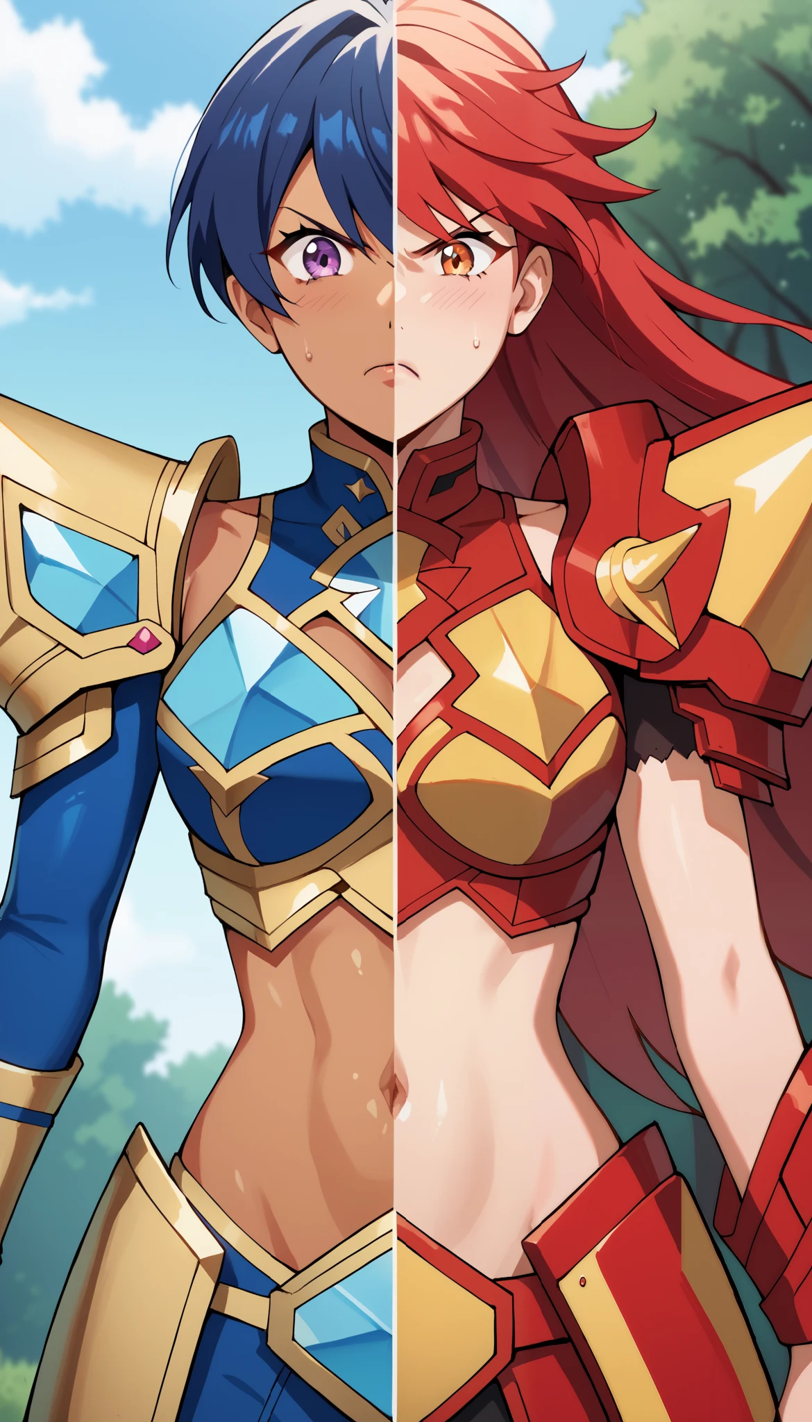 line in the middle, masterpiece, best quality, forest background, 1girl, right side, Red hair, Orange eye, Red fire armor outfit, Yellow armored crop top, honey skin, slender body, Cleavage, navel, angry expression,
masterpiece, best quality, forest background, 1girl, left side, Blue hair, Violet Eye, Blue ice armor outfit, Dark blue armored crop top, natural skin, slender body, Cleavage, navel, angry expression,