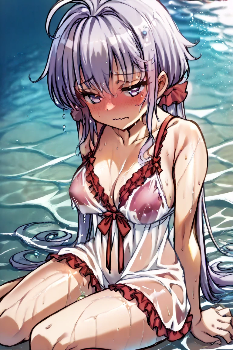 (Unity 16K Wallpaper, masutepiece, Best Quality, Ultra-detailed, extremely details CG, Caustics, Cinematic lighting, Detailed, Beautiful detailed eyes, Solo,Pool side),Ultra High Resolution, Fine skin、Sexy,curby,NSFW,(School Swimsuit:1.3), Small breasts,14 years old、Pink hair,Perm Hair, blush, angry,Sitting, Spread legs wide, a pixie cut