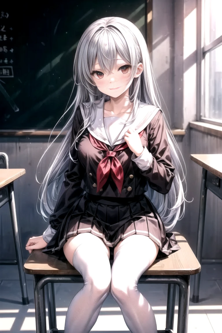 best quality,1girl,solo,alisa mikhailovna kujou,long hair,bangs,blue eyes,hair ribbon,ahoge,grey hair,red ribbon,skirt,shirt,long sleeves,bow,school uniform,jacket,white shirt,pleated skirt,collared shirt,bowtie,black skirt,red bow,red bowtie,blazer,grey blazer,long sleeves,classroom,blush,white thighhighs,front view,shouting,leaning_forward,> <, closed eyes,,arms_behind_back,