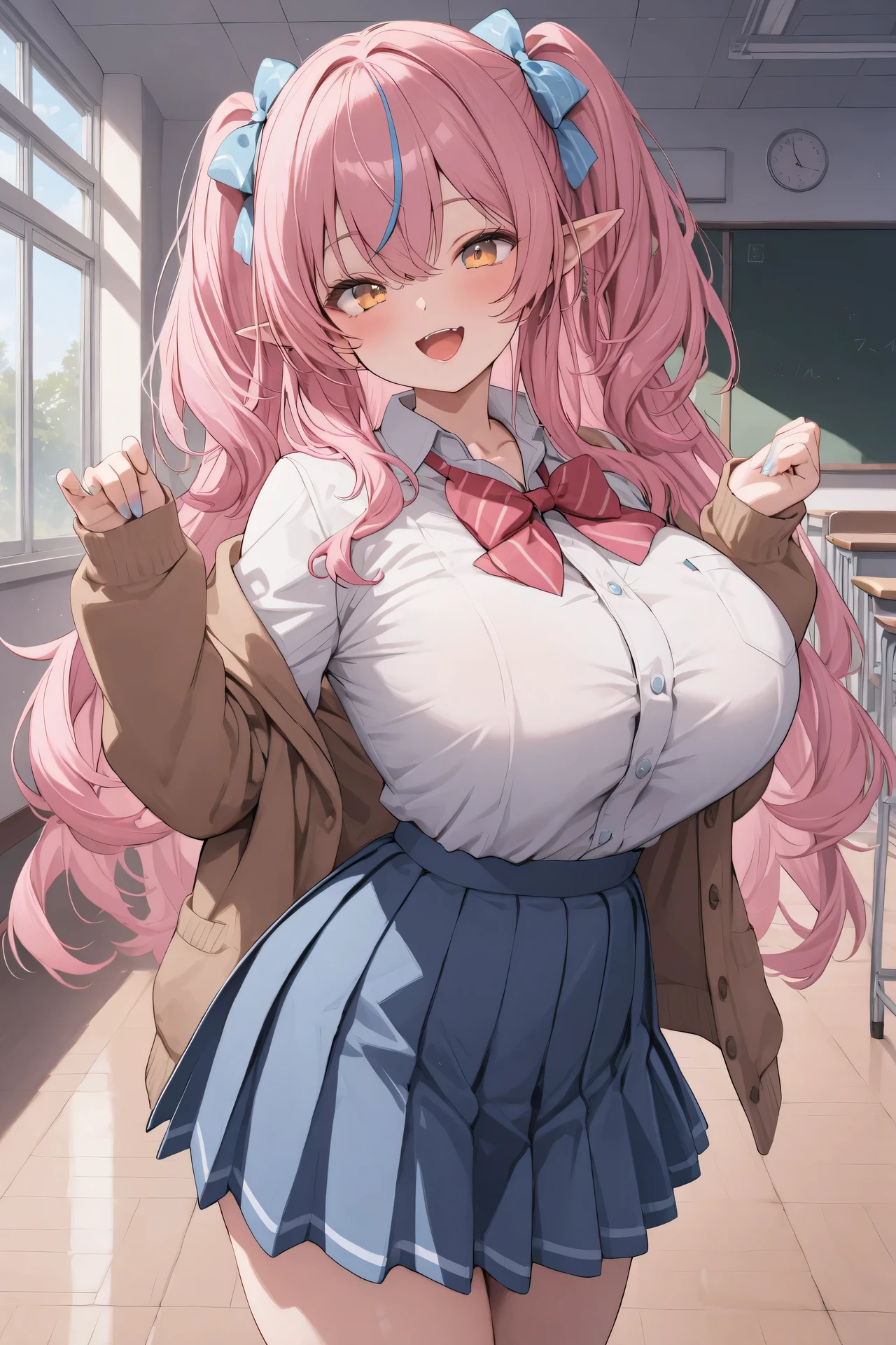 Masterpiece、 high school girl, big breasted hair bow, School, Long Sleeve , bow tie, BLUE SKIRT, big breasted 、 , cute smile open mouth , standing, Big Breasts、