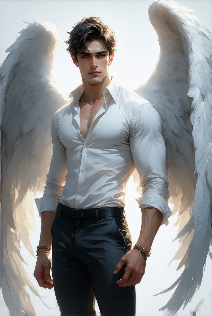 a beautiful handsome man, muscular, naked, large white feathers drifting down, winged arms, a fallen angel, full body image, low angle view