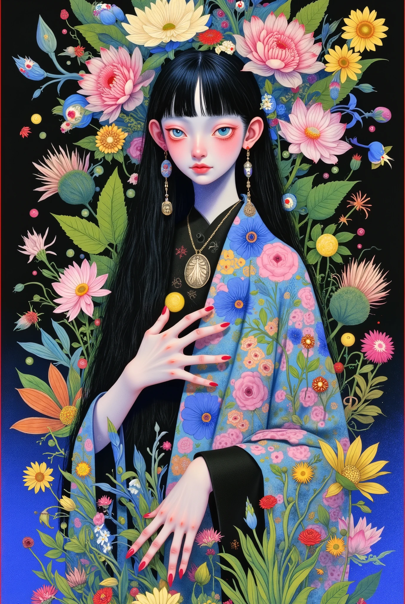  painting of a person wearing flowers,  Amano Kita Style Paintings , Shintani Teruo style ,  Akira Art Style ,  Yamagata Hiroshi ,  relish Japanese artist , Decoration-inspired illustration ,  mixed with Shinny Black's style , Yoshitaka Amano style, Wearing loose clothing