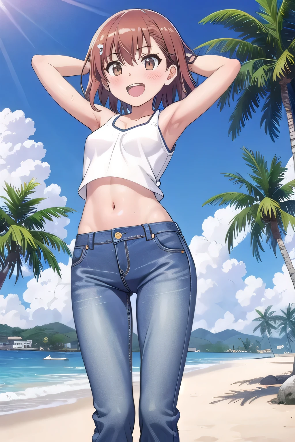 masterpiece,best quality,ultra detail, ((Perfect Face, Perfect Arms, Perfect hands, Perfect Fingers)), 1girl, , peti ((round face, ecstasy, orgasm face, drooping eyes, shame smiling, blush)), dropping eyes, sleepy, Open mouth, White teeth, background((under the beach, (day:1.2), palm tree, bright sky)), mikoto misaka, short hair, brown hair, hair ornament, hair flower, brown eyes, ((arms behind head, hands behind head, fingers behind head)), contrapposto, spread armpits, looking at viewer,, (white tank top:1.2), (white crop top:1.2), (jeans pants:1.2, flares jeans:1.2, skinny jeans:1.2, blue jeans:1.2), standing, (legs spread:1.2), sex pose, Sweaty crotch, Steam from the crotch, from below, ((full medium body))