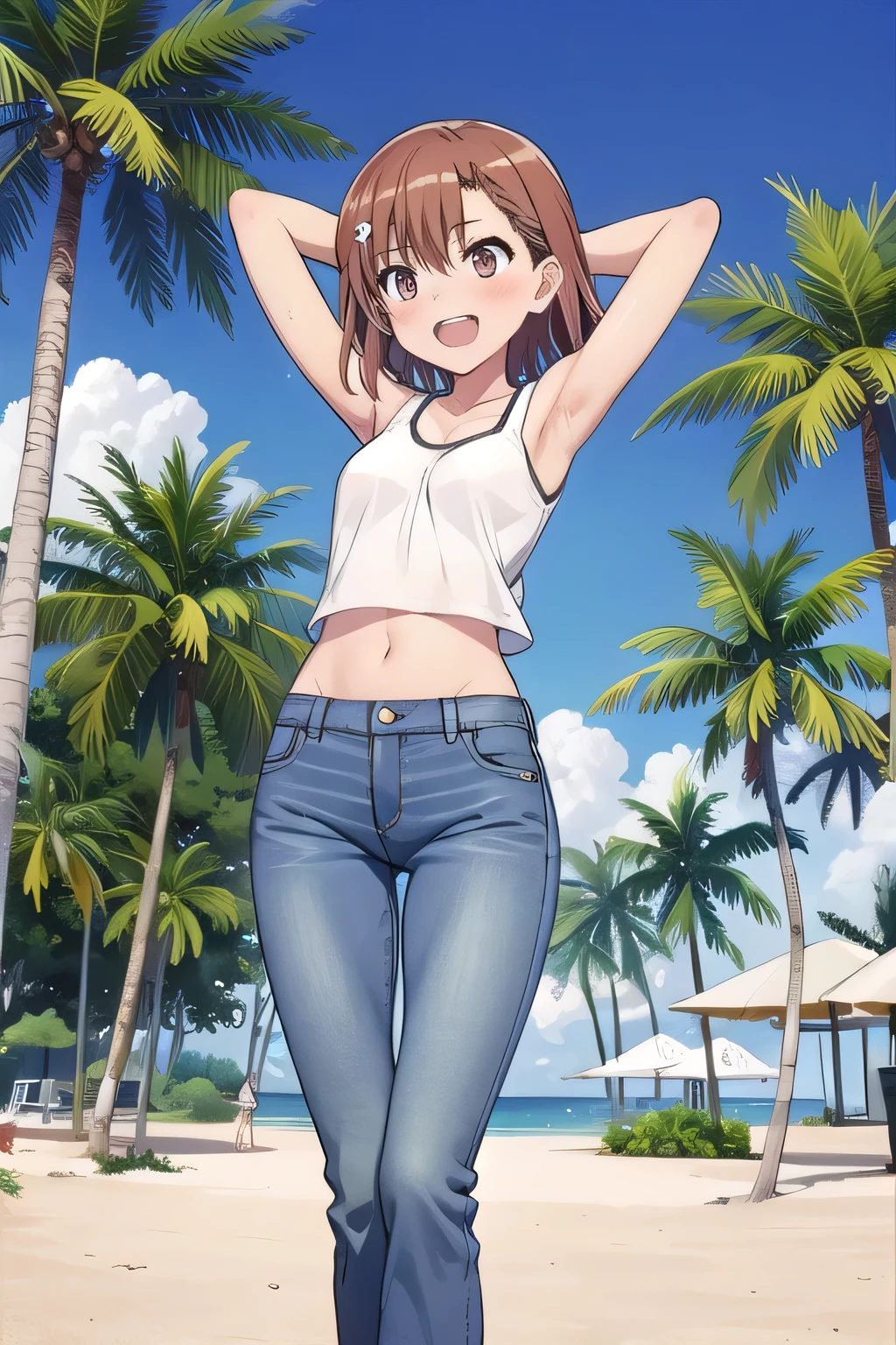 masterpiece,best quality,ultra detail, ((Perfect Face, Perfect Arms, Perfect hands, Perfect Fingers)), 1girl, , peti ((round face, ecstasy, orgasm face, drooping eyes, shame smiling, blush)), dropping eyes, sleepy, Open mouth, White teeth, background((under the beach, (day:1.2), palm tree, bright sky)), mikoto misaka, short hair, brown hair, hair ornament, hair flower, brown eyes, ((arms behind head, hands behind head, fingers behind head)), contrapposto, spread armpits, looking at viewer,, (white tank top:1.2), (white crop top:1.2), (jeans pants:1.2, flares jeans:1.2, skinny jeans:1.2, blue jeans:1.2), standing, (legs spread:1.2), sex pose, Sweaty crotch, Steam from the crotch, from below, ((full medium body))