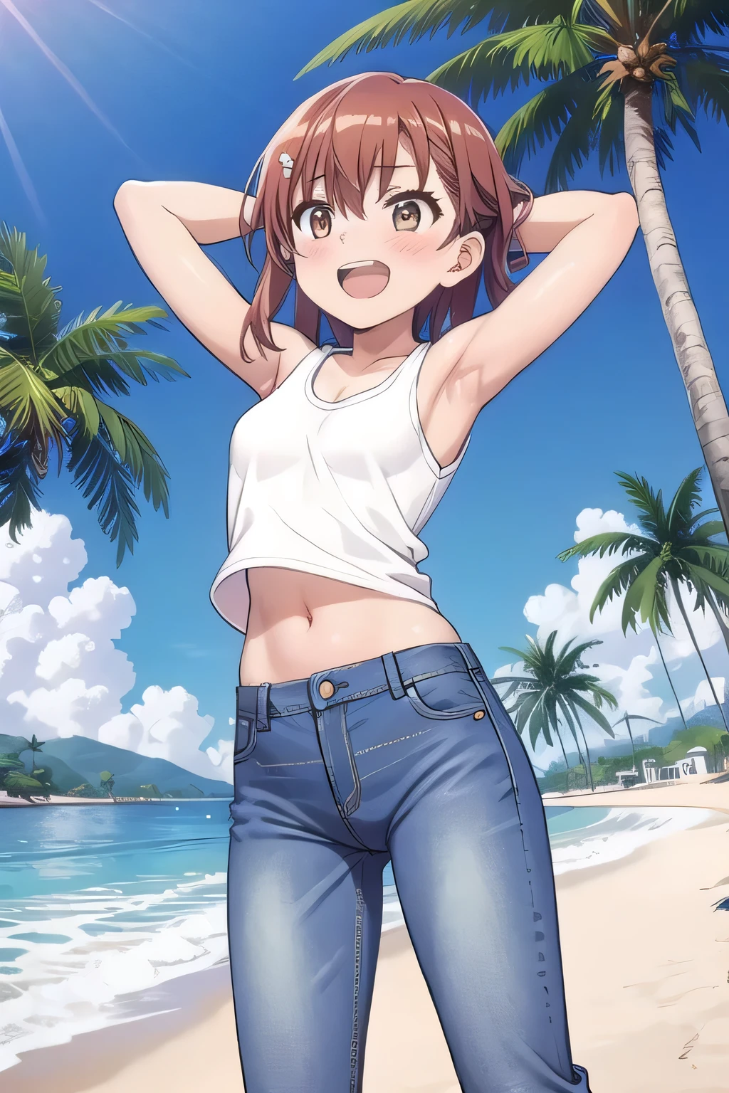 masterpiece,best quality,ultra detail, ((Perfect Face, Perfect Arms, Perfect hands, Perfect Fingers)), 1girl, , peti ((round face, ecstasy, orgasm face, drooping eyes, shame smiling, blush)), dropping eyes, sleepy, Open mouth, White teeth, background((under the beach, (day:1.2), palm tree, bright sky)), mikoto misaka, short hair, brown hair, hair ornament, hair flower, brown eyes, ((arms behind head, hands behind head, fingers behind head)), contrapposto, spread armpits, looking at viewer,, (white tank top:1.2), (white crop top:1.2), (jeans pants:1.2, flares jeans:1.2, skinny jeans:1.2, blue jeans:1.2), standing, (legs spread:1.2), sex pose, Sweaty crotch, Steam from the crotch, from below, ((full medium body))