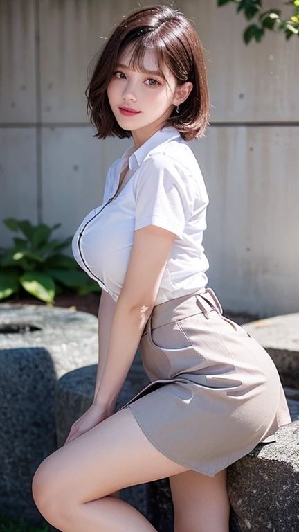 (hig彼st quality、8k、32k、masterpiece)、(Realistic)、(Realistic:1.2)、(High resolution)、Very detailed、Very beautiful face and eyes、1 girl、Delicate body、From Okinawa to the coast,(hig彼st quality、Attention to detail、Rich skin detail)、(hig彼st quality、8k、Oil paint:1.2)、Visible breasts,Smile,Sex Appeal,shy,Very detailed、(Realistic、Realistic:1.37)、Bright colors、Full Body Shot, (high school girl:1.6, White blouse, long pleated skirt of dark blue color, tie), short hair, (((15-year-old girl, slim, The body is slim, Large Breasts, Round and seductive ass,I'm in the walking closet,Sticking her ass out to the camera, doggy style)))
