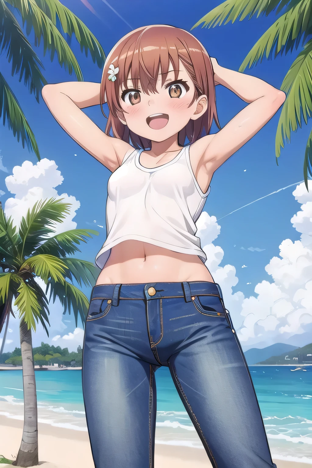 masterpiece,best quality,ultra detail, ((Perfect Face, Perfect Arms, Perfect hands, Perfect Fingers)), 1girl, , peti ((round face, ecstasy, orgasm face, drooping eyes, shame smiling, blush)), dropping eyes, sleepy, Open mouth, White teeth, background((under the beach, (day:1.2), palm tree, bright sky)), mikoto misaka, short hair, brown hair, hair ornament, hair flower, brown eyes, ((arms behind head, hands behind head, fingers behind head)), contrapposto, spread armpits, looking at viewer,, (white tank top:1.2), (white crop top:1.2), (jeans pants:1.2, flares jeans:1.2, skinny jeans:1.2, blue jeans:1.2), standing, (legs spread:1.2), sex pose, Sweaty crotch, Steam from the crotch, from below, ((full medium body))