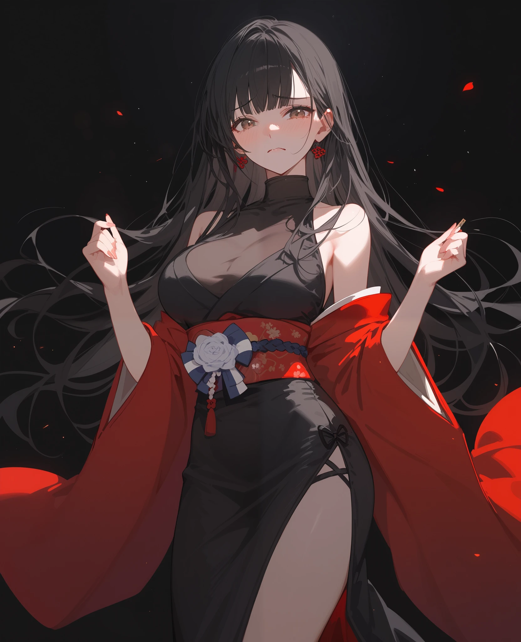 Girl with red cloud motif,Pitch black background,Cyber design see-through kimono