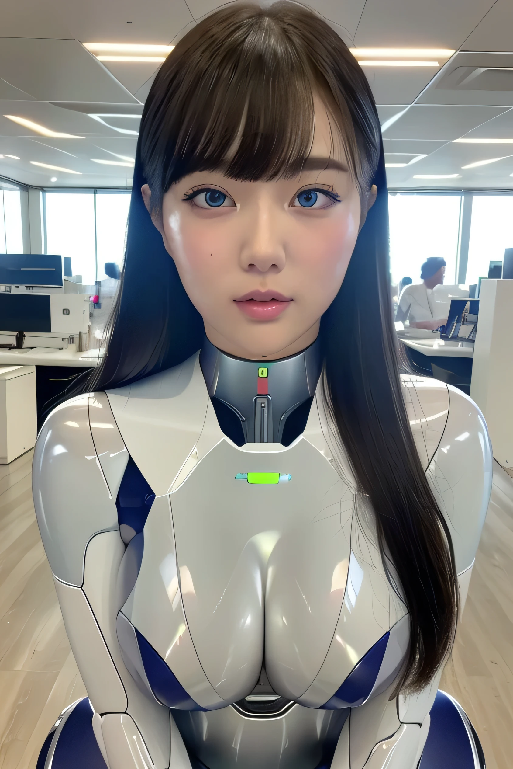 masterpiece, Best Quality, Extremely detailed, 8K portrait,Japaese android girl,Plump , control panels,Robot arms and legs, Blunt bangs,perfect robot girl,a bit chubby,white gloves,white robot body,ceramic bodychest monitor,blue eyes,Charging spot,She is exhibits,exibition hall,promo girl,office-lady