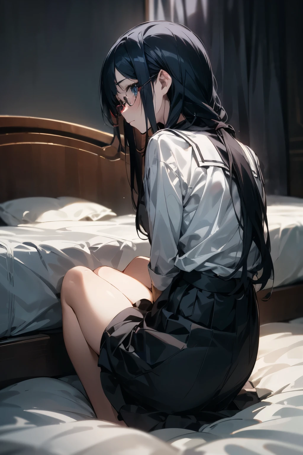 Drawing of an anime female student wearing a white shirt, black skirt, glasses, pretty white skin, long black hair and big butt, sitting on the bed, seen from behind with little visibility with her legs thrown back
