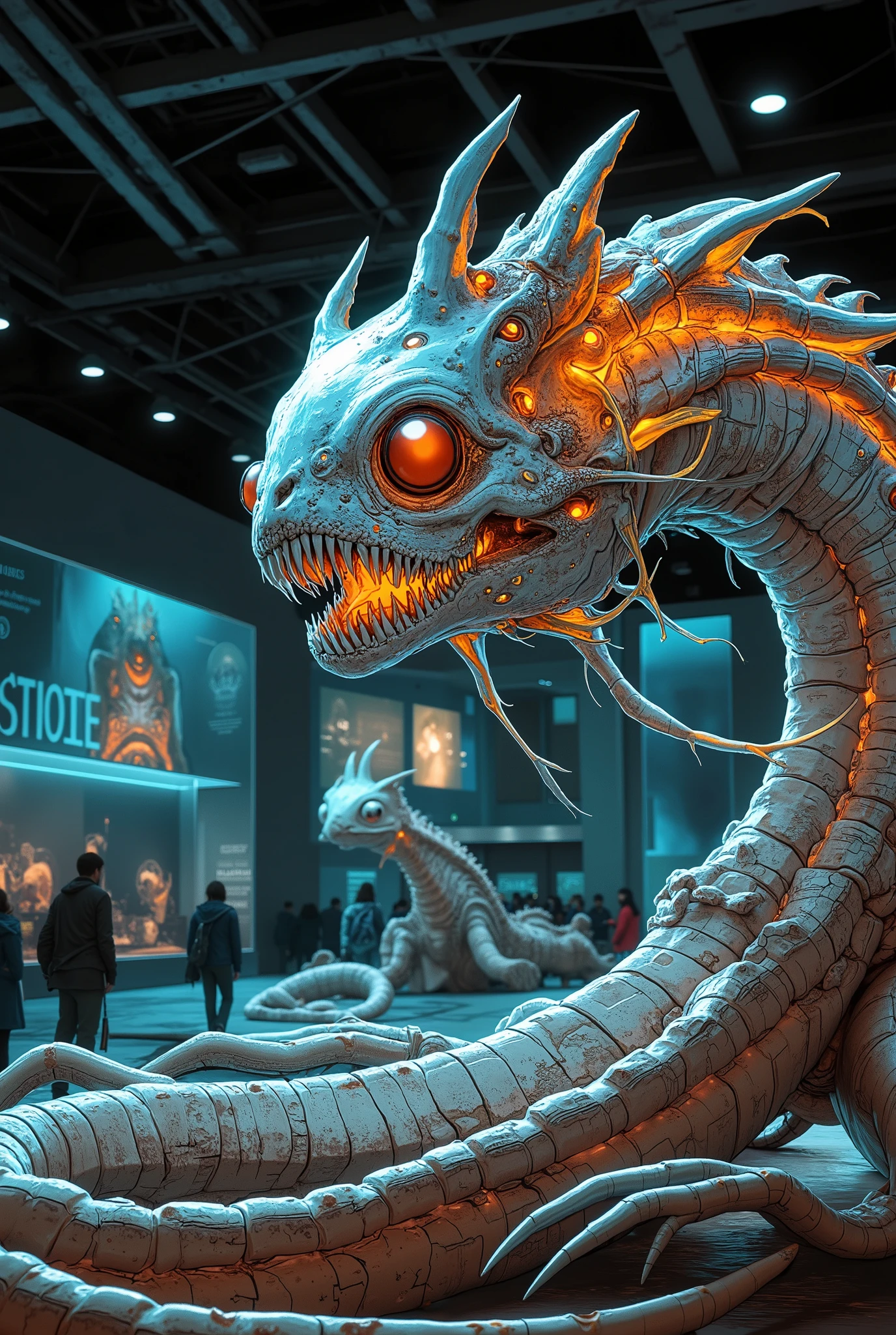 photorealistic high quality 3d render of a museum exhibition display of the mysterious marine creature "Paleoparadoxia", hyper detailed, dramatic lighting, intricate textures, hyper realistic, museum interior, museum display, paleontology, marine biology, prehistoric life, natural history museum