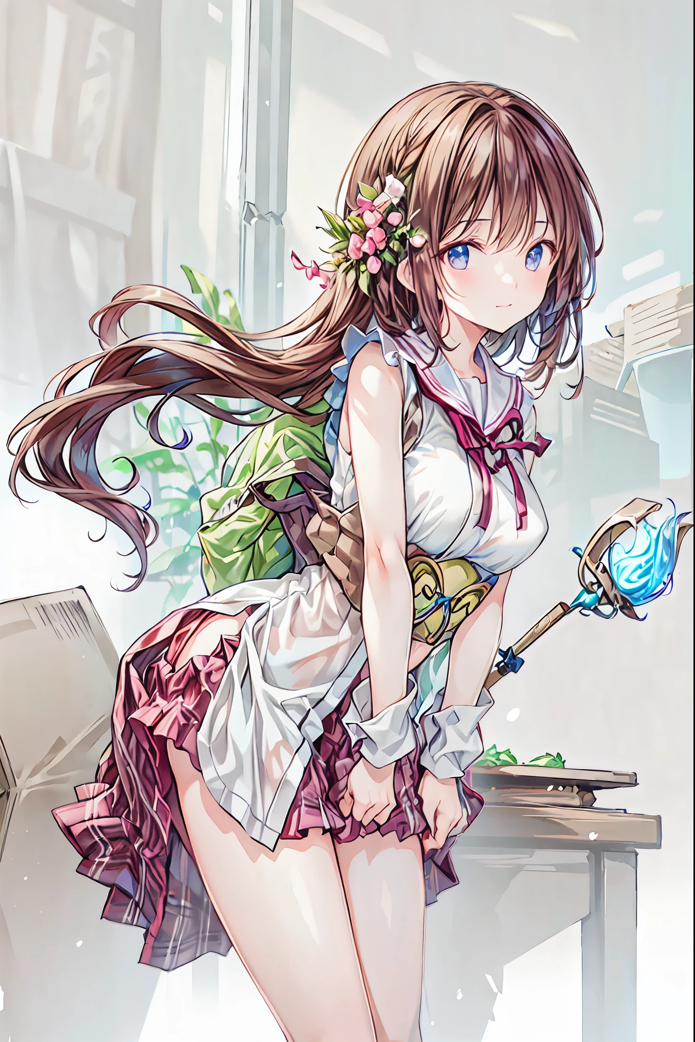 Masterpiece, best quality , 1 girl, inclus ahalli , multiple tails, Foxtail, Korean Uniform, skirt , braided , arms behind back, bewitching smile,