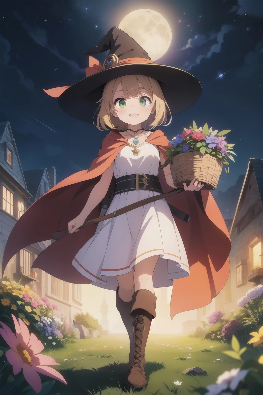 Best Illustration , best quality , colorful witch holding a large basket with different kinds of medicinal herbs, beige dress , Orange Cape, dark brown long boots , green eyes, smile, blue stone pendant , knight , Starry Sky , moon, My partner's black cat , grassland, colorful flowers , very delicate and beautiful color , 8k resolution, AMAZING SURPRISE , cinematic dynamic lighting , Line of sight, highest resolution