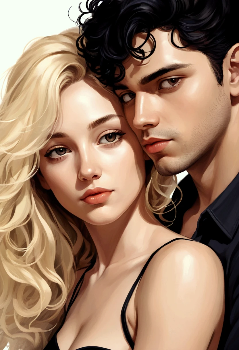 A realistic blonde girl with big red lips and big brown eyes posing sensual with her tan muscular boyfriend who has brown eyes and black hair