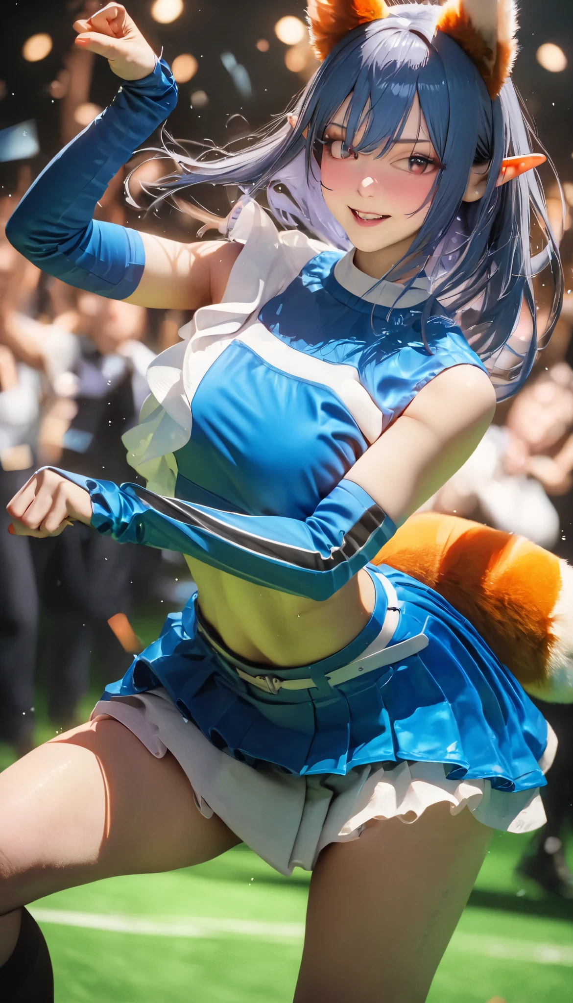 (Beautiful Japanese girl in her early s), (White panties), (Shot from below), Cheerleader spread legs, hidden nipples, 1 girl, 独奏, Cheerleader, perfect hands, open mouth, Angry expression, crop top, blue skirt, pleated skirt, removable sleeves, elbow gloves, looking at viewer, outdoors, stadium