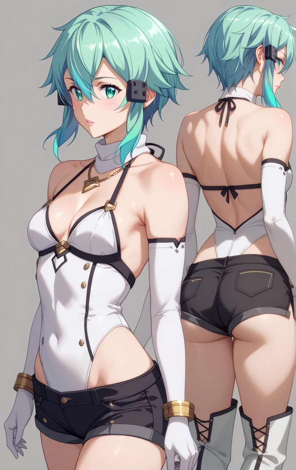REN,DARK-SKINNED FEMALE, PURPLE EYES, PURPLE HAIR,SHORT HAIR,DARK SKIN, SMALL BREASTS,HAIR BETWEEN EYES, HAIR ORNAMENT, HAIRCLIP, RENDRESS,WHITE BIKINI, O-RING TOP, BLUE CAPELET, BLUE BELT, FINGERLESS GLOVES, ARM BANDAGES, NAVEL,ASYMMETRICAL LEGWEAR, SINGLE THIGHHIGH, VERTICAL STRIPED THIGHHIGHS, THIGH STRAP, WHITE FOOTWEAR, Score_9, Score_8_up, Score_7_up, Score_6_up, Score_5_up, Score_4_up, BREAK,1girl in full growth, best quality, masterpiece, ultra-detailed, high quality,good quality,1 girl,(master piece,high resolution, ultra detailed,8K,16K),look at viewer, cameltoe, from below, ass, back view, in night, on the roof, shy, 