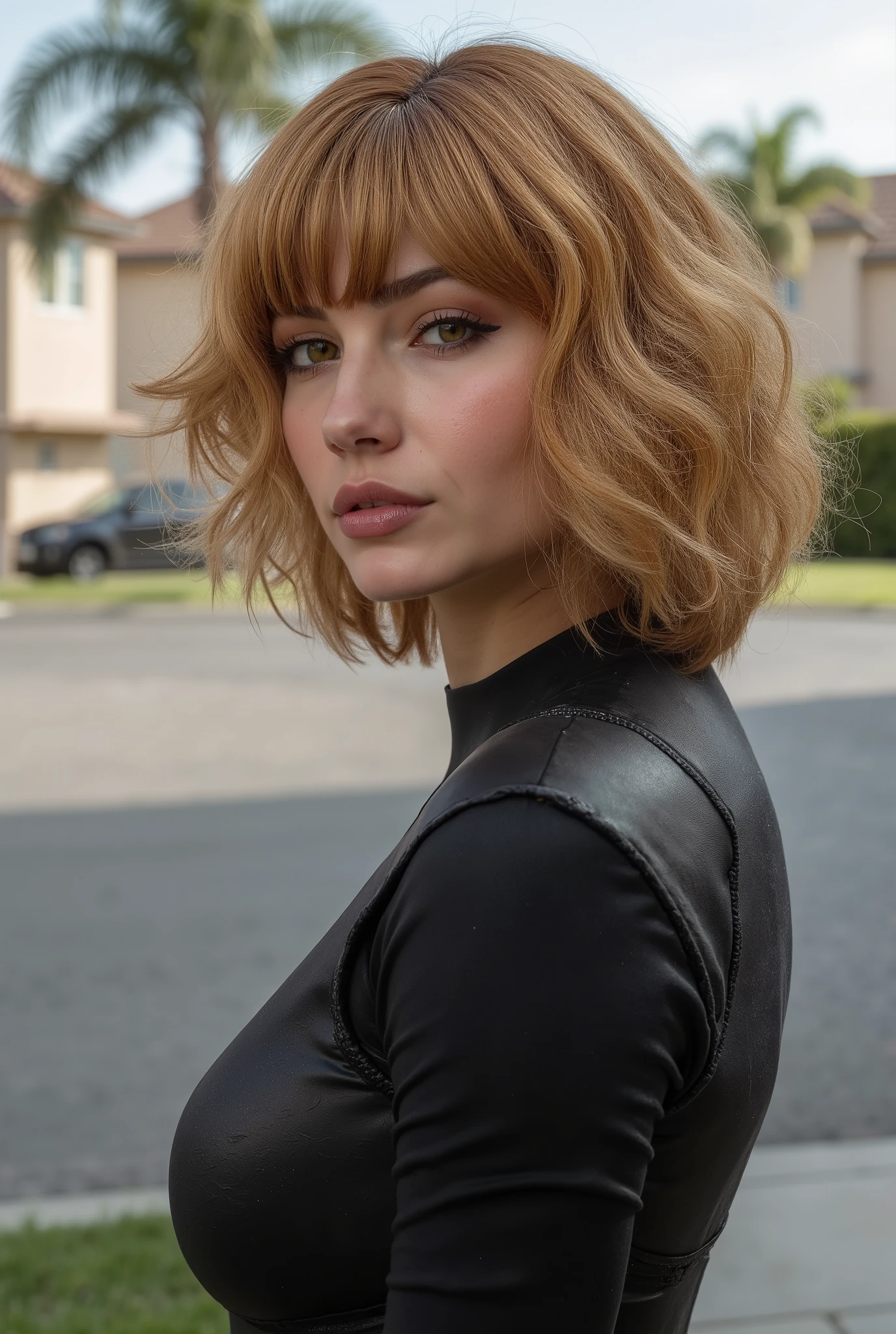 wide-shot. A real (8K award-winning photograph) of (((one young model woman))). She looks like (Milla Jovovich), (She has a dimple on her chin). (Her medium-length haircut has natural layers, lots of volume, and fringe, with an ombré effect that transitions from wheat at the top to blonde at the ends) and (((D cup size ))). She is in cosplay, dressed as Black Widow. She is in a typical suburban street in the USA. The photo is off-center, following the rule of thirds, with a realistic style.