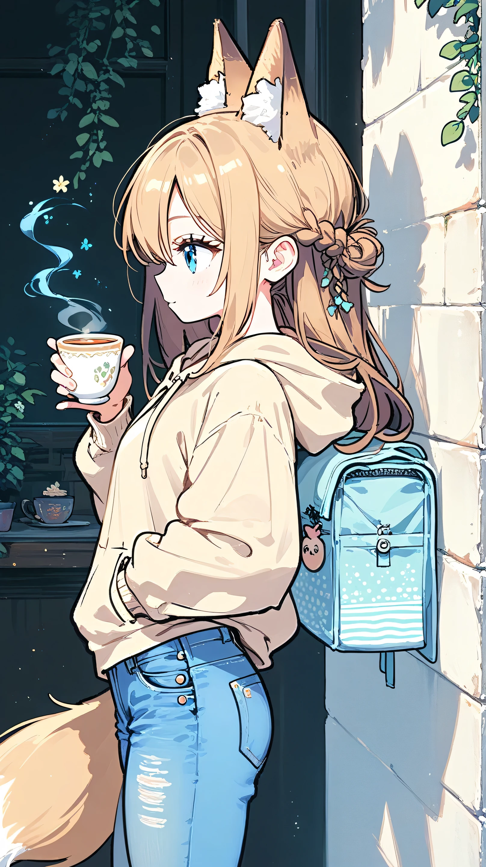 woman, long hair, blue eyes, tea hair, animal ears , fox ears, Tail,beige hoodie and jeans,profile